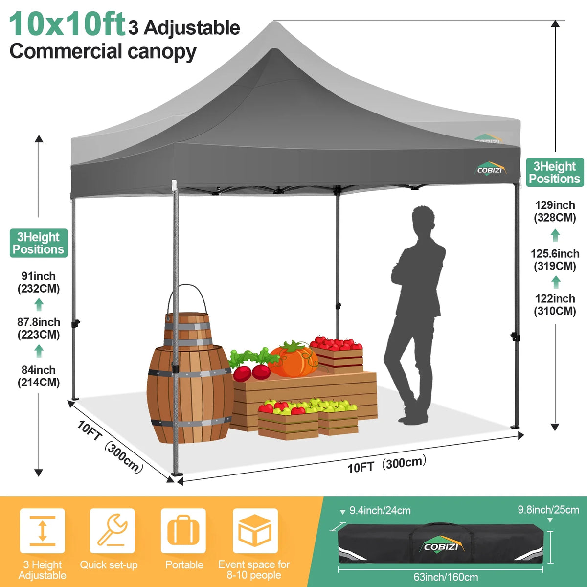 COBIZI 10x10 Heavy Duty Pop-up Canopy Tent for Outside, UPF 50+ Waterproof and Instant Outdoor Shelter, Outdoor Canopy for Beach,Party,Camping with Rope,Stake and Carrying Bag,White(Frame Thickened)