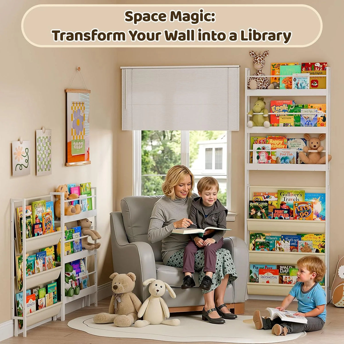 Kids Bookshelf - Wall Mounted 6-Tier Book Shelf for Kids Rooms, Behind The Door Bookshelf for Kids/Baby/Toddler, Corner Wall Book Shelf for Bedroom/Nursery, Kids Organizer for Toys and Books