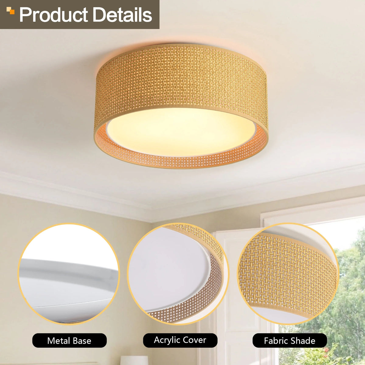 LEDET 15.7 in. Yellow Flush Mount Ceiling Light Rattan Weaving Shade Home Decor Pendant Lighting