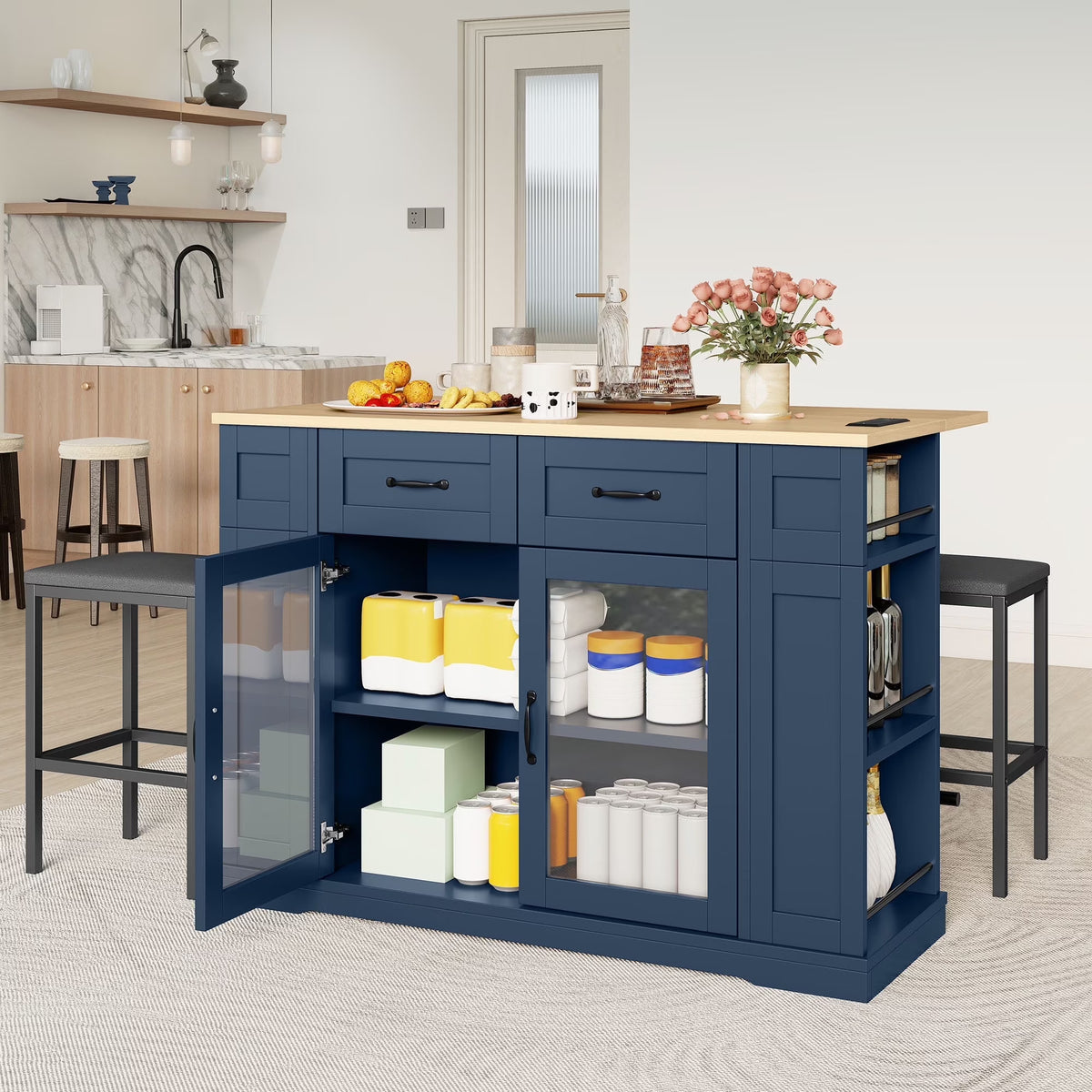 DEXTRUS Kitchen Island with Seating & Drop Leaf, Kitchen Island on Wheels with Doors & Drawers, White