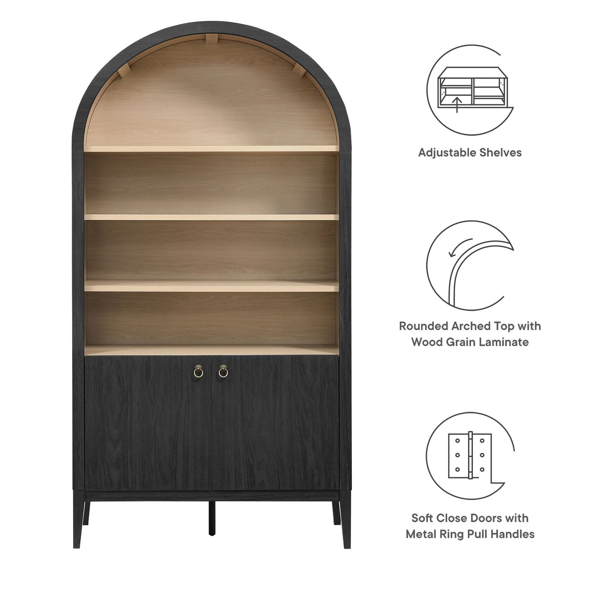 Modway Nolan 74" Tall Arched Storage Display Cabinet Bookshelf in Black