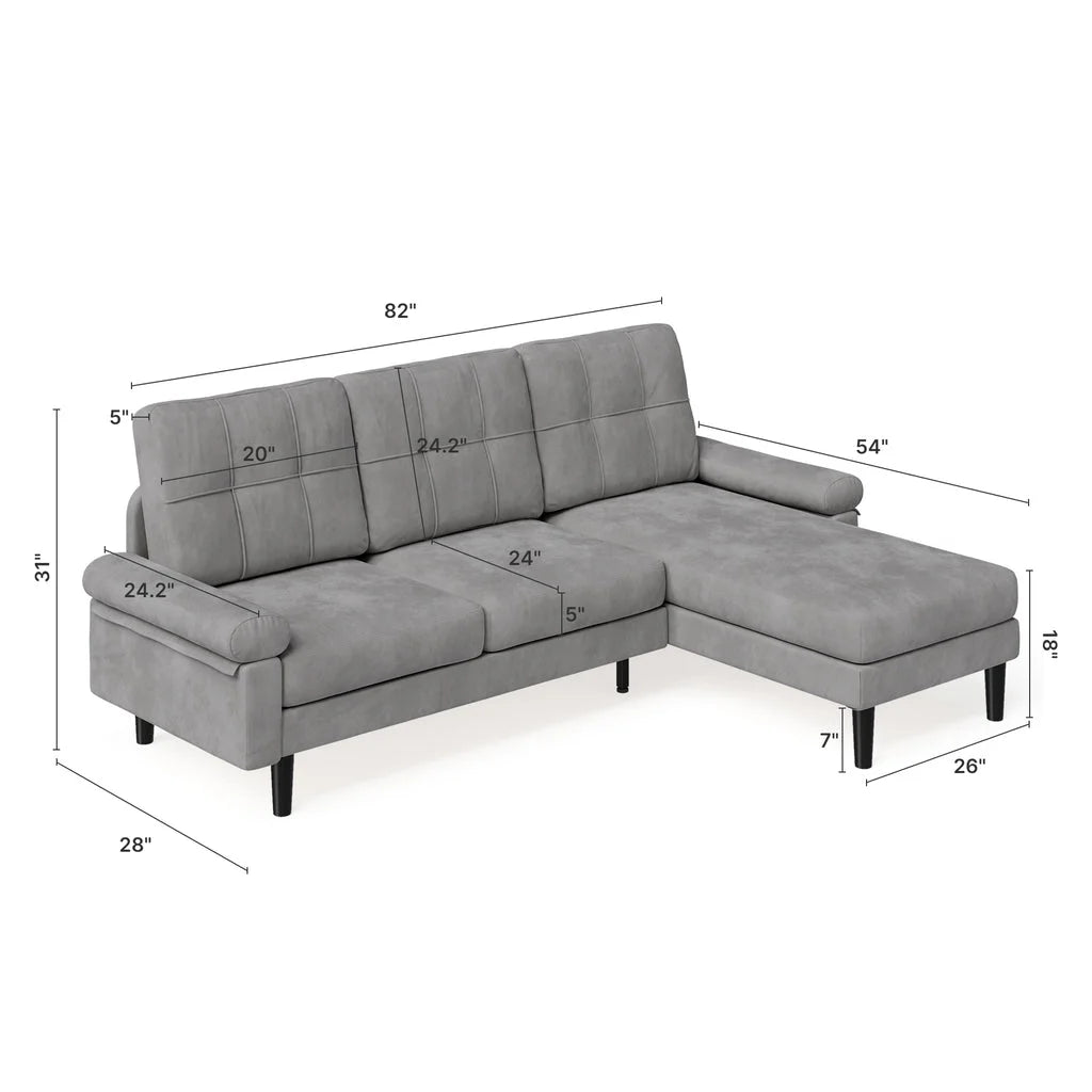 Aiho 82" L Modern Sofa, L-shaped Sofa with 3 Comfortable Pillows for Living Room, Apartment, Studio, Office - Dark Grey