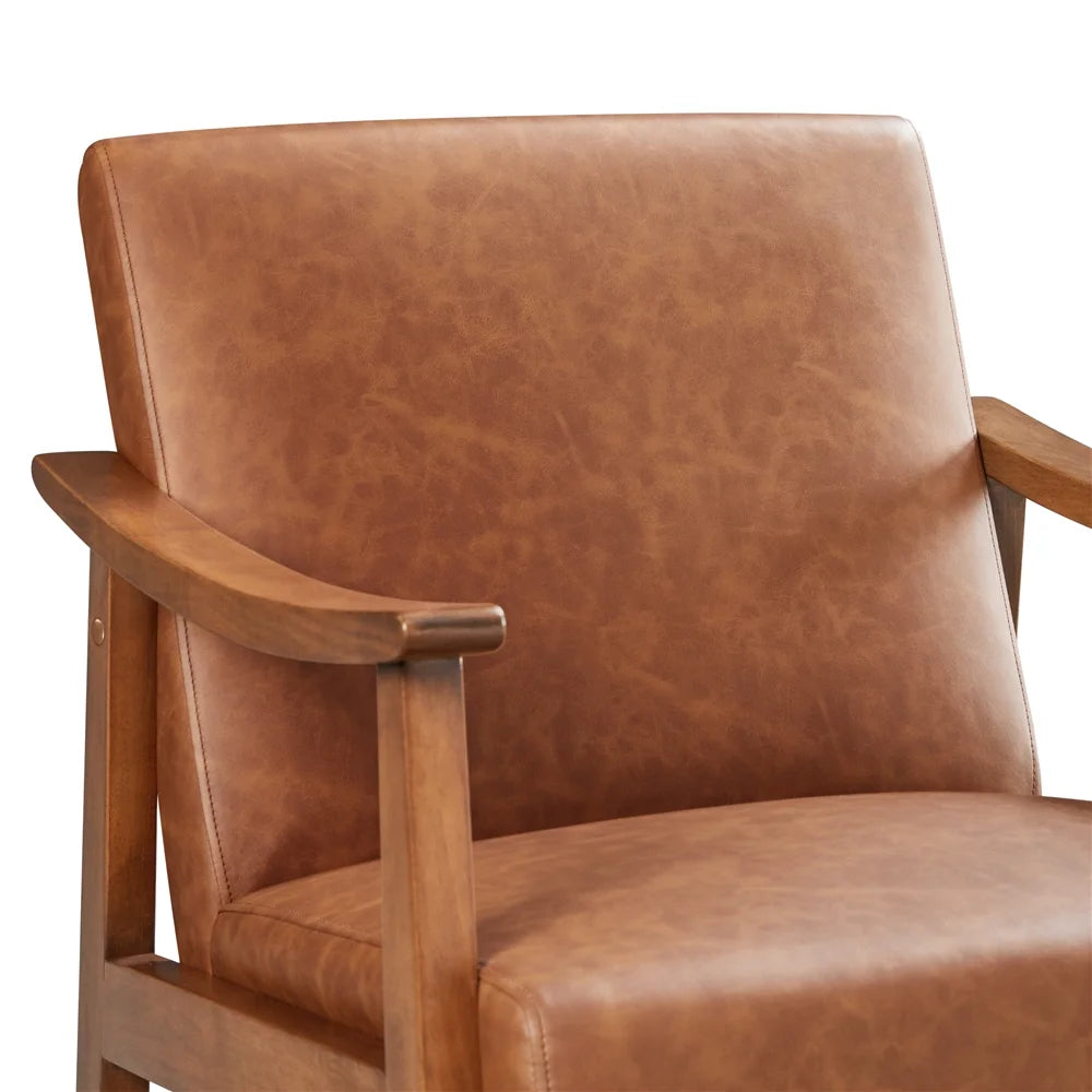 Yaheetech Mid-Century Upholstered Faux Leather Armchair with Solid Wood Legs,Brown