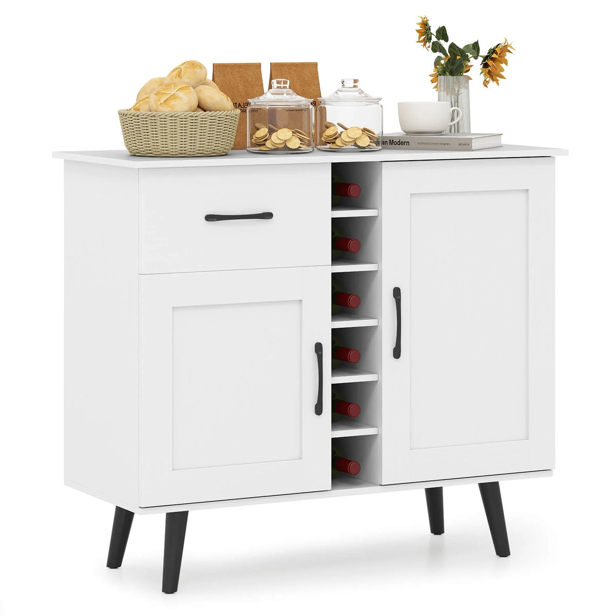 Costway 2-Door Wine Bar Cabinet Kitchen Sideboard Buffet with Drawer & Adjustable Shelves Natural