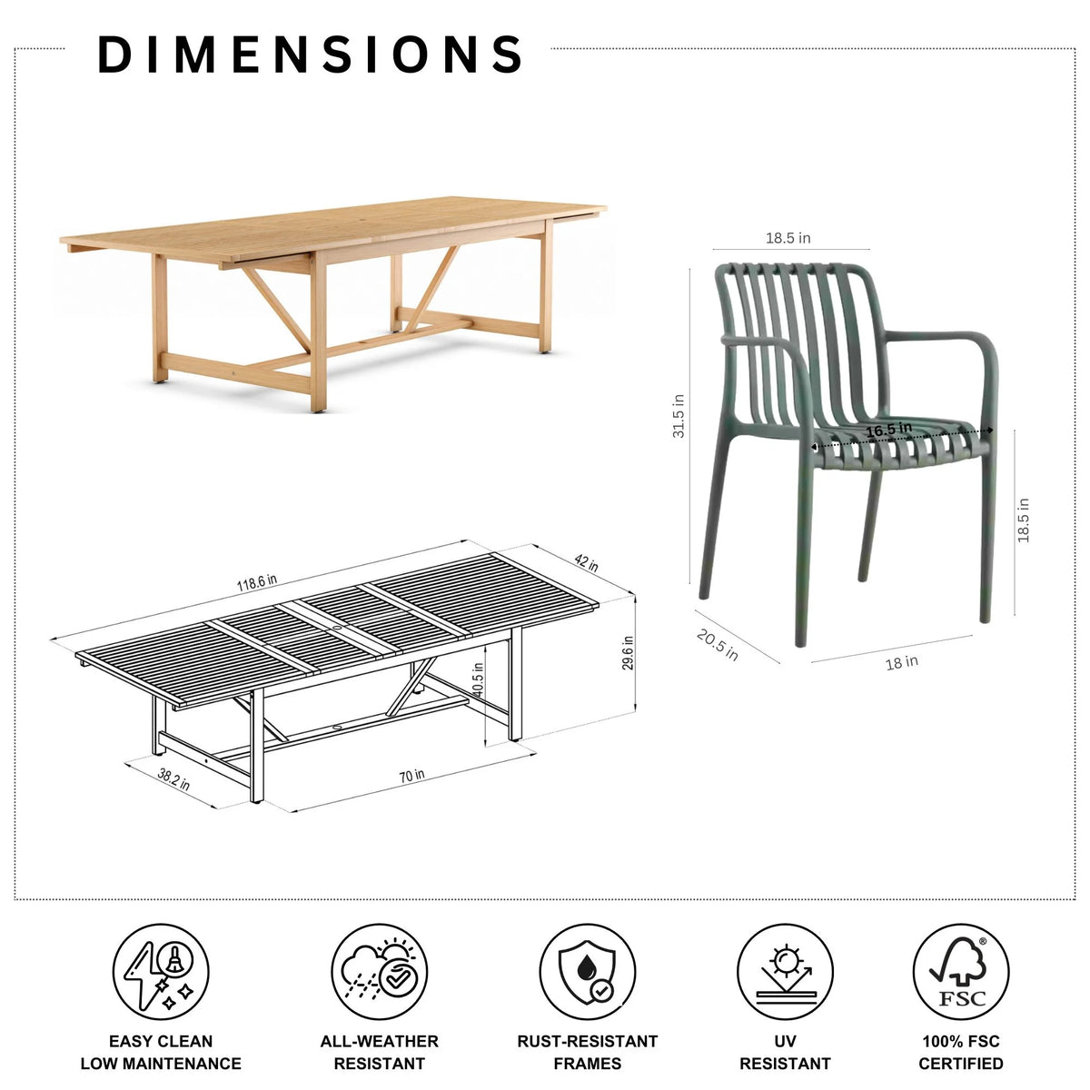 Urban Elements Perry 11-Piece Teak Finish Wood 100% FSC Patio Extendable Dining Set Black