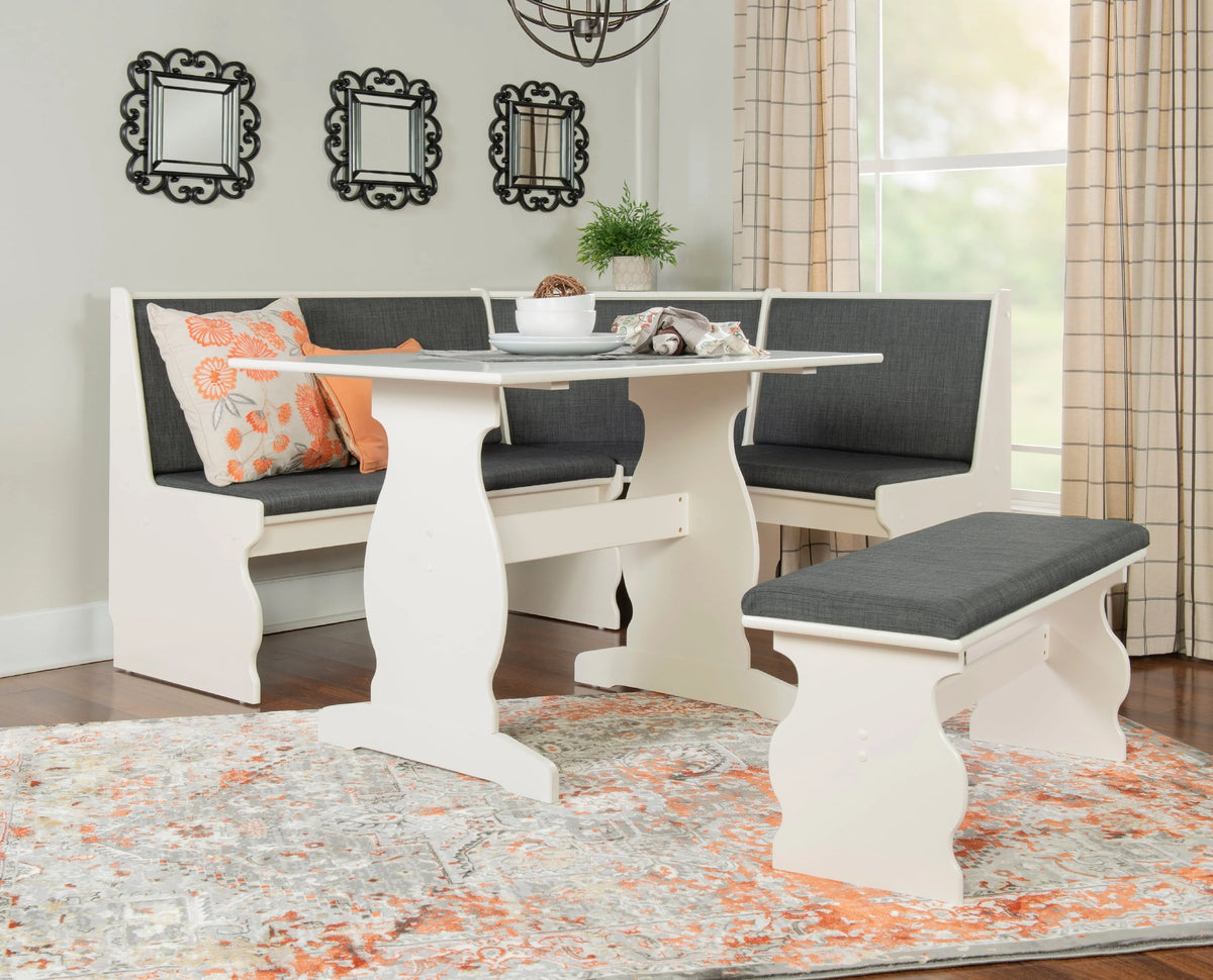 Linon Weston Corner Dining Breakfast Nook with Table and Bench, Seats 5-6, White Finish with Charcoal Fabric