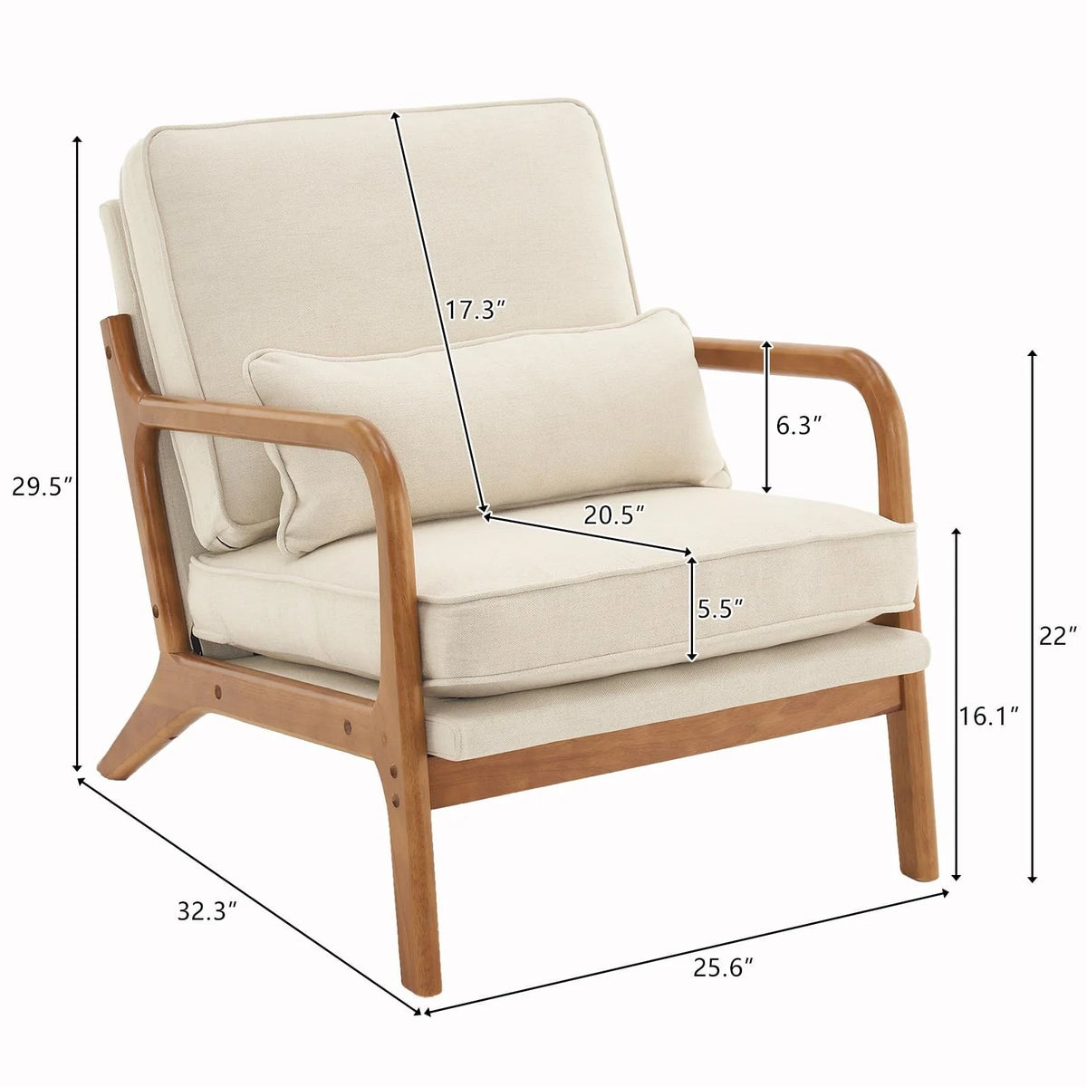 Ktaxon Mid Century Modern Accent Chair, Linen Fabric Armchair with Solid Wood Frame Beige
