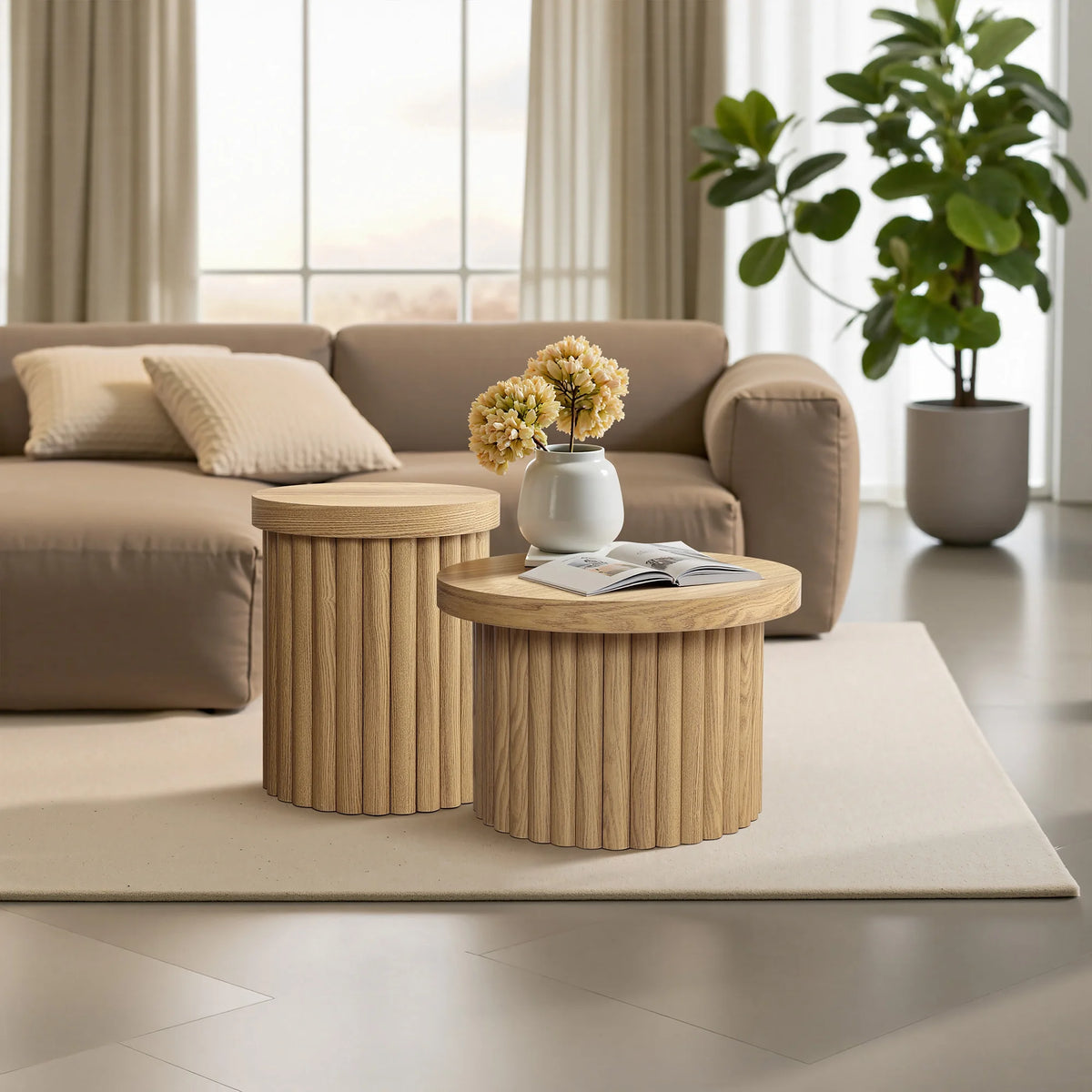 LuxenHome Wood Round Side Table, 19" Fluted End Table for Small Spaces, Mid Century Modern Wooden Accent Tables, Small Bedside Table, Couch Side Table, Nightstand for Living Room Bedroom Couch
