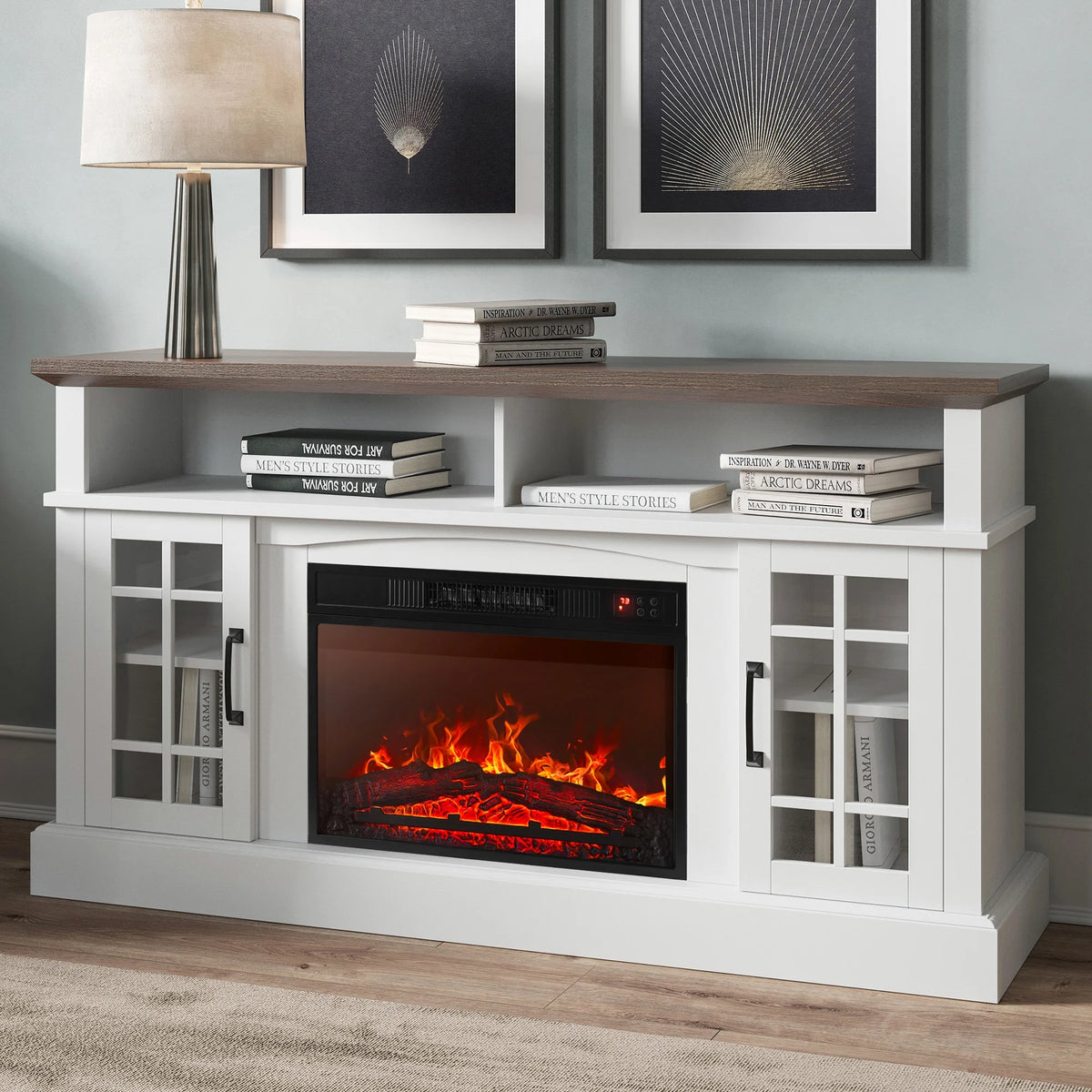 BELLEZE 58" TV Stand with 23" Electric Fireplace, Fireplace TV Console for TVs up to 65", Home Entertainment Center with Storage Cabinet and Adjustable Shelves - Astorga (Gray Wash)