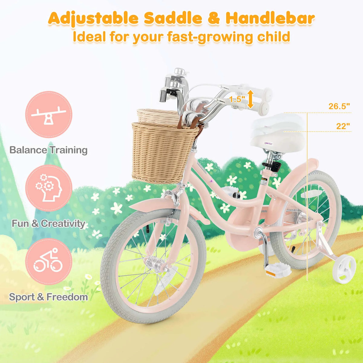 Prorider 16" Kid’s Bike with Training Wheels Adjustable Handlebar Seat Handbrake Pink