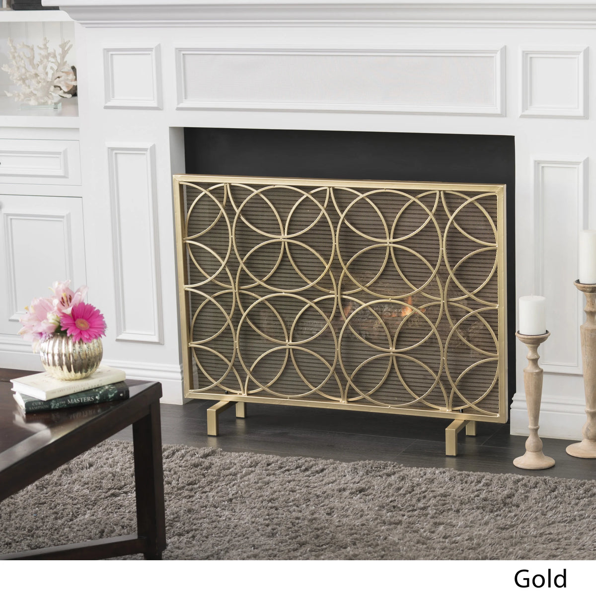 Noble House Emmilou Iron Single Panel Fireplace Screen, Gold