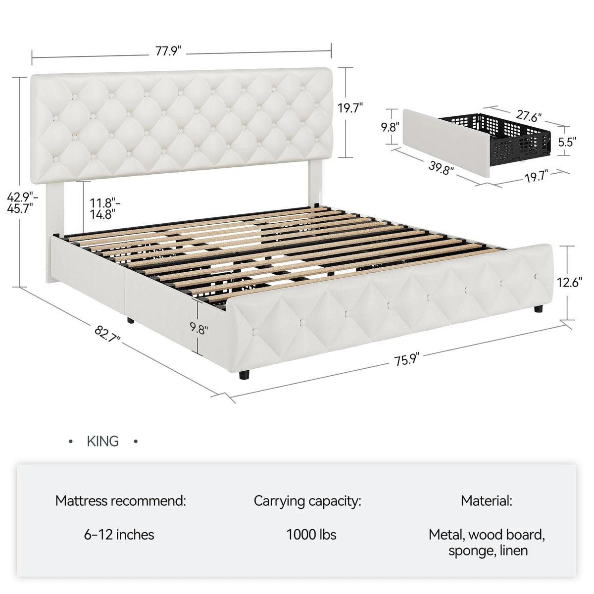 TROPOW Full Size Bed Frame,with 4 Storage Drawers and Adjustable Headboard, Linen Upholstered Platform Bed Frame, Diamond Stitched Button Tufted, No Box Spring Needed,White