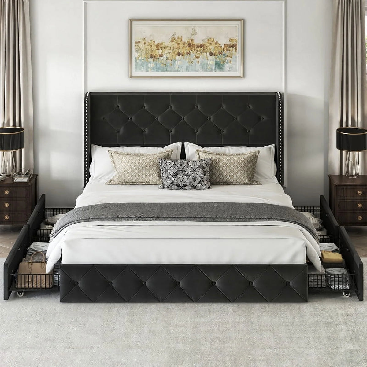 LARMACE Queen Size Platform Bed Frame with 4 Storage Drawers and Tufted Headboard Linen Upholstered Bed Wingback Bed Frame with Wooden Slats Support, Easy Assembly, Light Grey