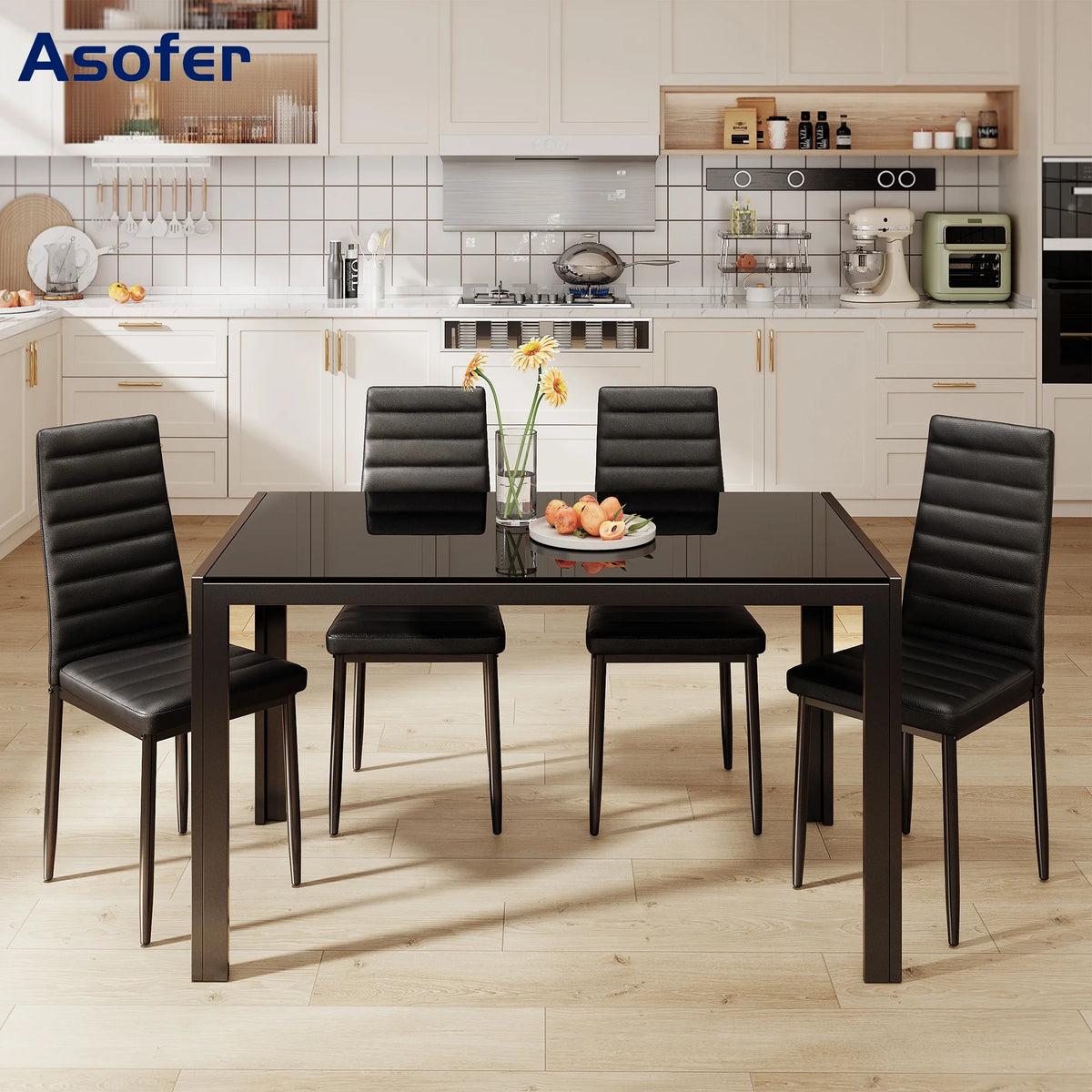 Asofer Modern 7 Piece Dining Table Sets for 6, Glass Kitchen Table, PU Leather Chair, Dining Room, Black