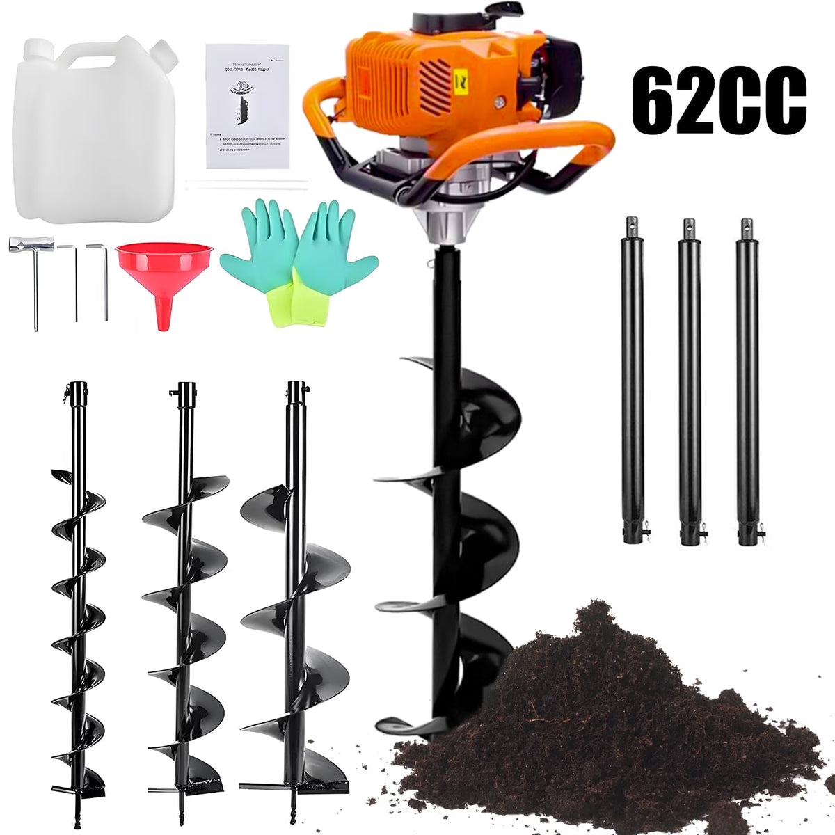 PRIJESSE Gas Powered Earth Digger Post Hole Digger with 3 Extension Rods + 3 Auger Drill Bits