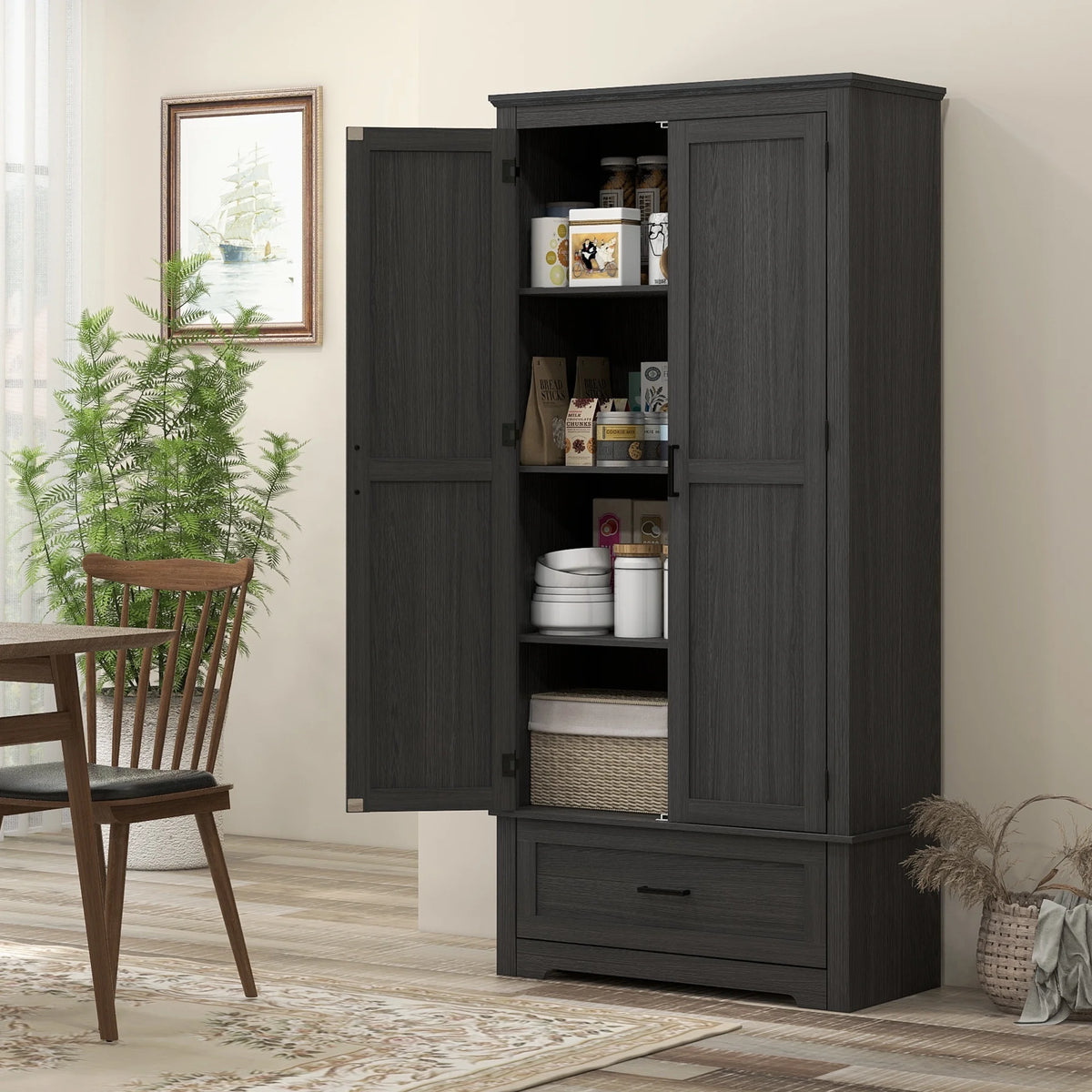 HOMCOM 69" Tall Kitchen Storage Cabinet with Adjustable Shelves, Black