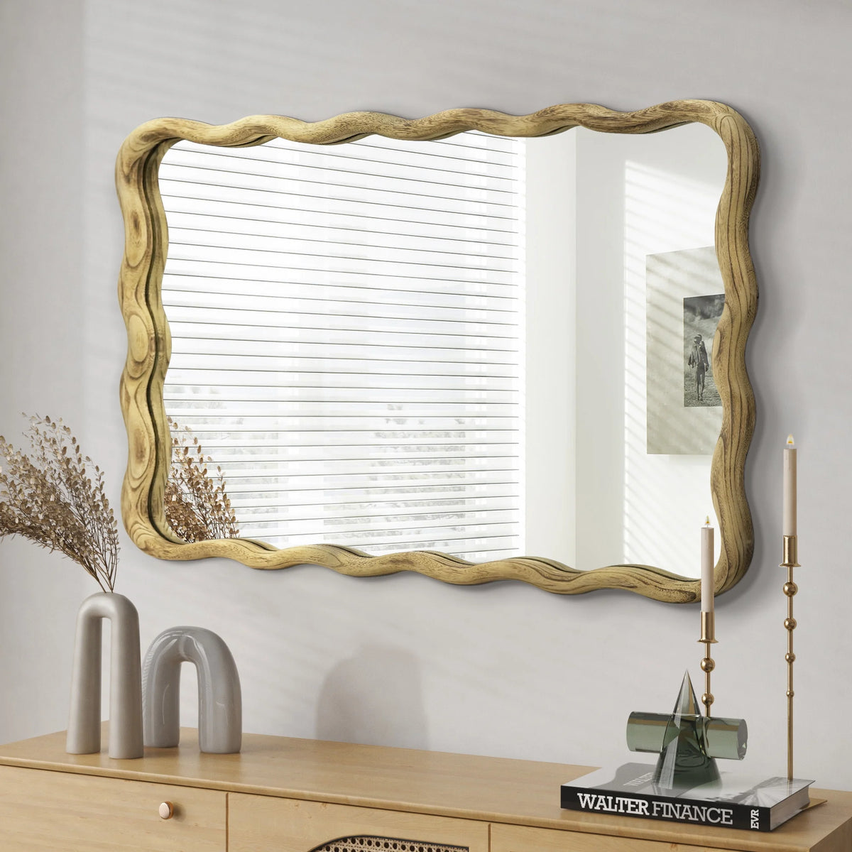 TEWLOSS Wavy Mirrors Wall Mirror, 30"x20" Bathroom Mirror Wood Framed, White