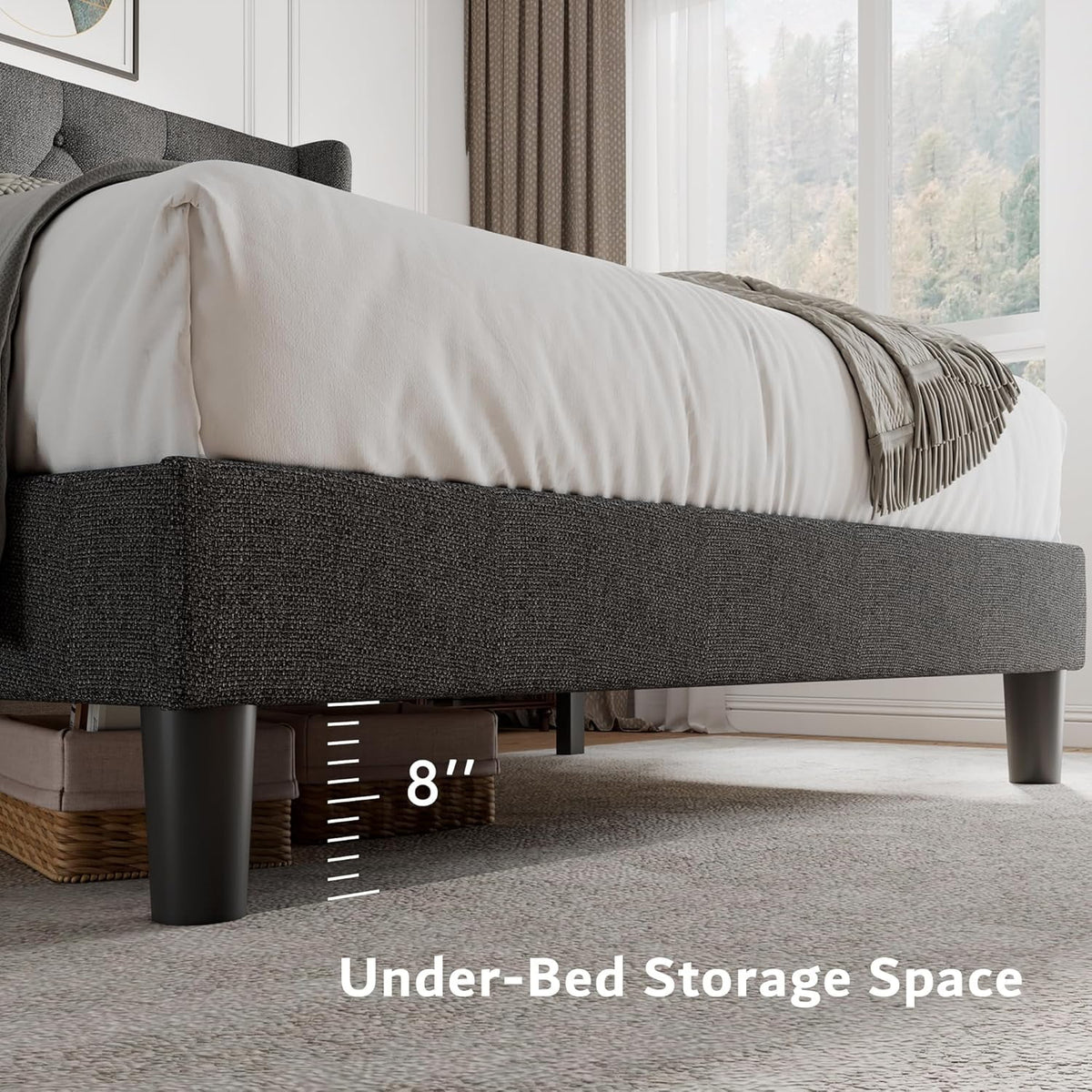 iPormis Full Size Bed Frame with Diamond Button Tufted Wingback Headboard, Upholstered Platform Bed Frame with Strong Wood Slat Support, Light Gray