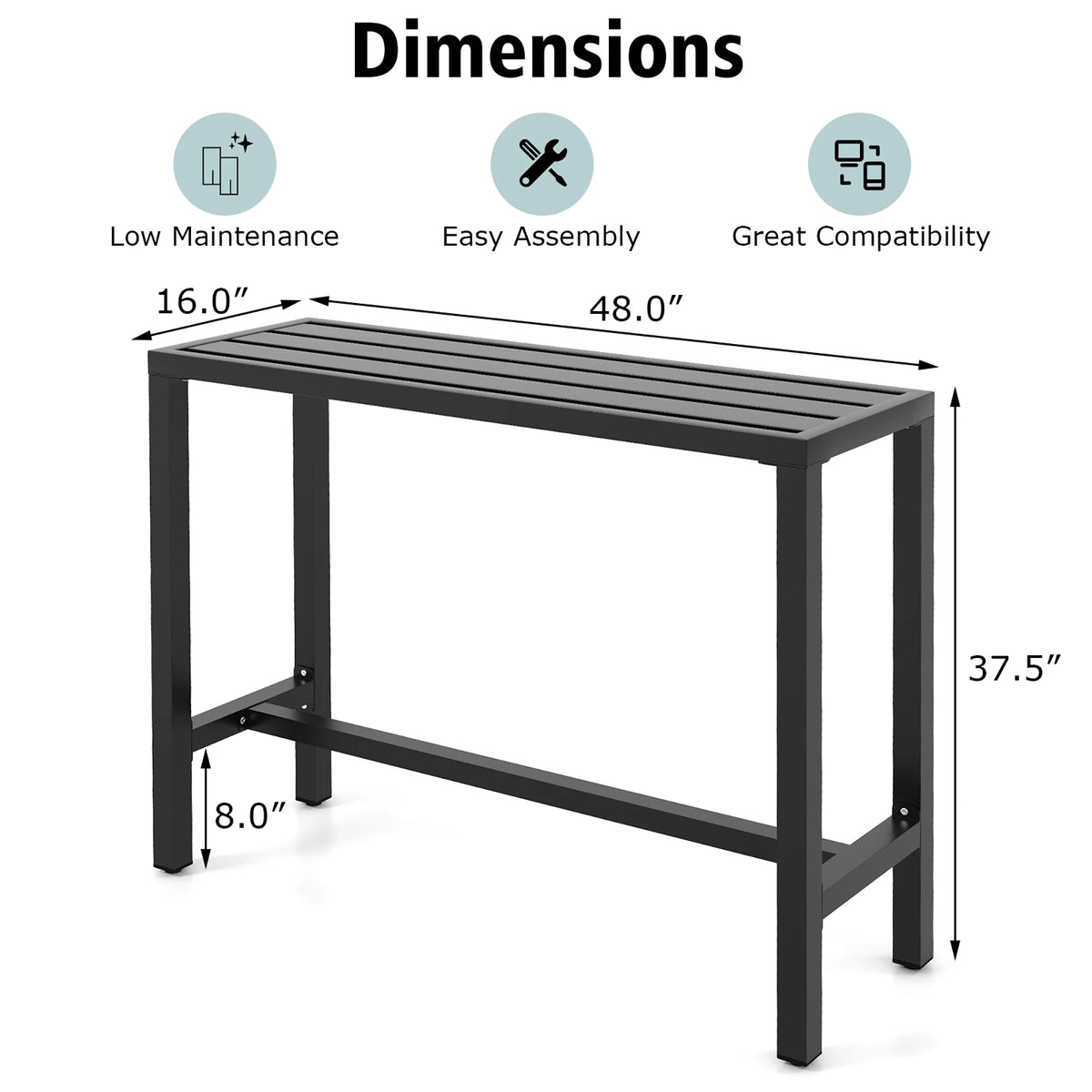 Costway Outdoor Metal Bar Table 55'' Patio Rectangular Counter Height Dining Table Black