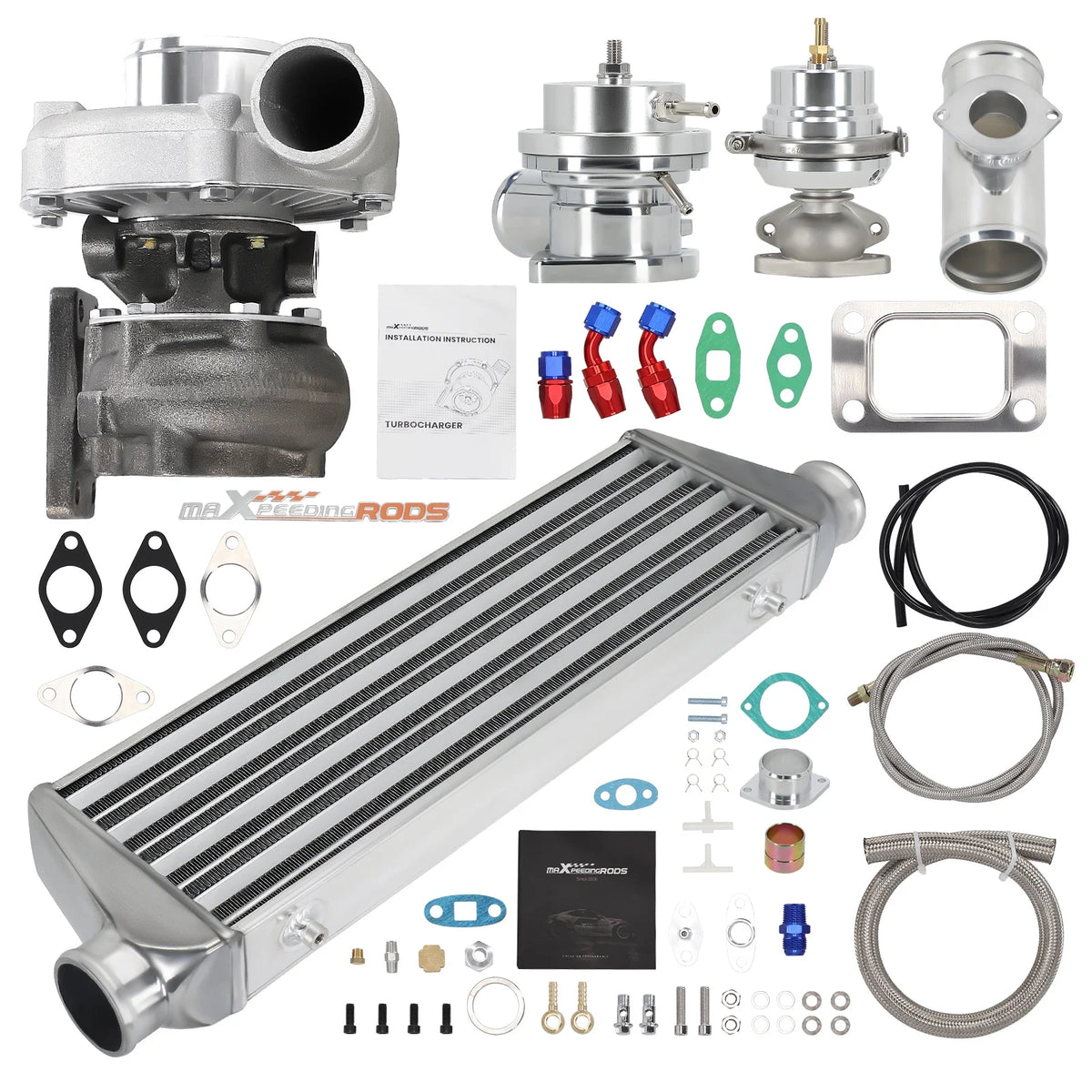 Maxpeedingrods T3 T4 T04E Universal Turbo Turbocharger+Wastegate+ Intercooler+BOV+ Oil Line Kit