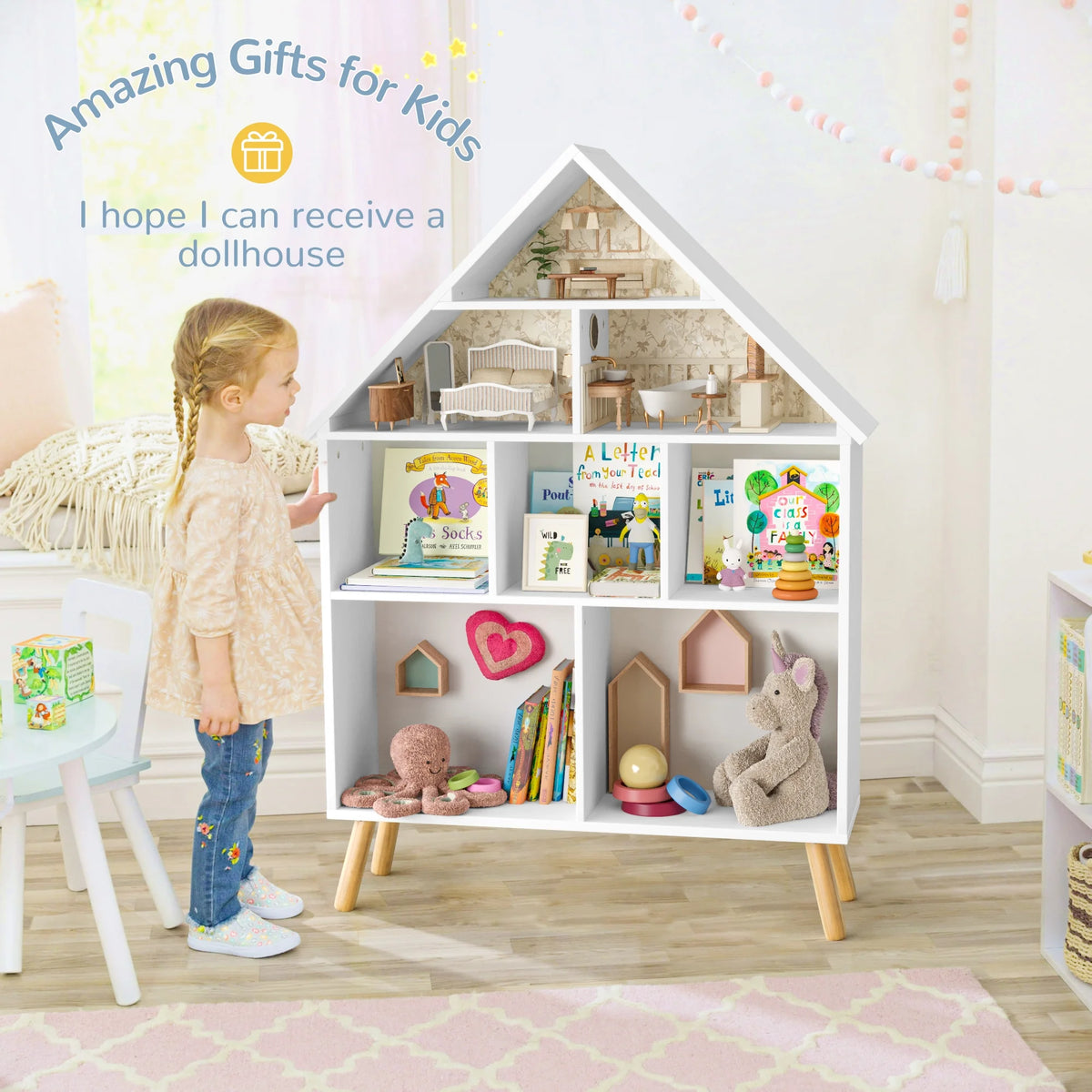 Curipeer 2-Tier Kids Bookshelf, Toy Storage Organizer with Motion-Activated Light, White