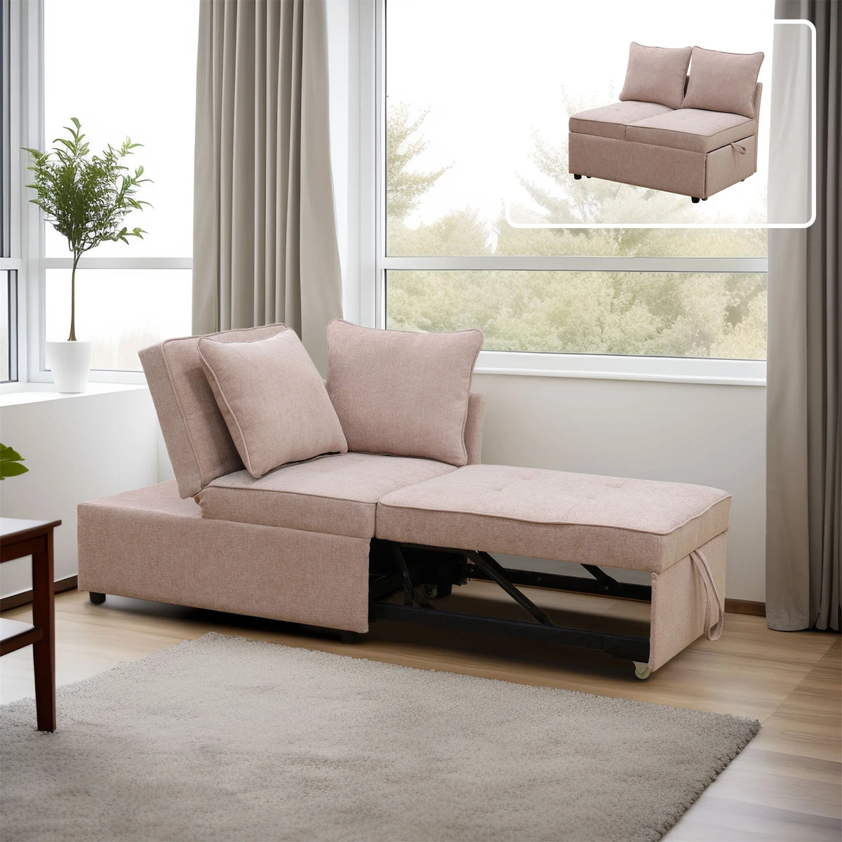 Aukfa 71" Convertible Chaise Futon Pull Out Sofa Chair Bed, Adjustable Backrest, 2 Pillows, Linen, Pink