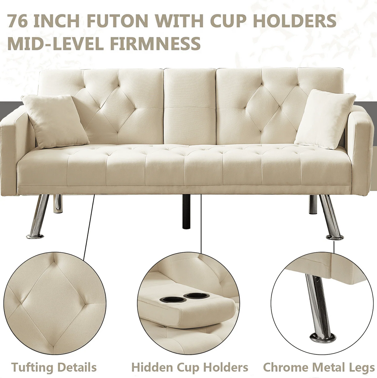 Modstyle 76" Fabric Futon Sofa Bed with Adjustable Backrest & Cup Holder, Beige