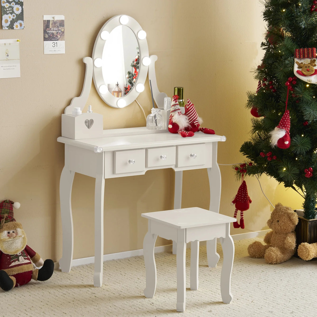 Zimtown Kids' Vanity Set with 3-Color LED Lighted Mirror Makeup Table with Matching Stool, Purple