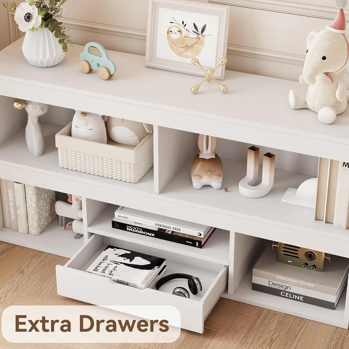 IdealHouse 5-Cube Kids Storage Organizer with Drawer, Wooden Toy Storage Cabinet for Playroom, Nursery, Classroom �C White Wood Finish
