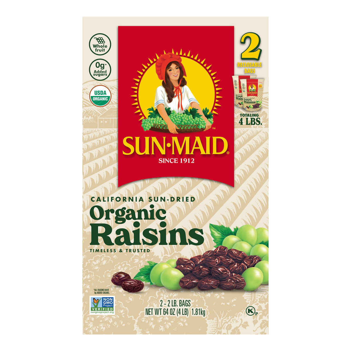 Sun-Maid Organic California Sun-Dried Raisins, 2 lbs, 2-count