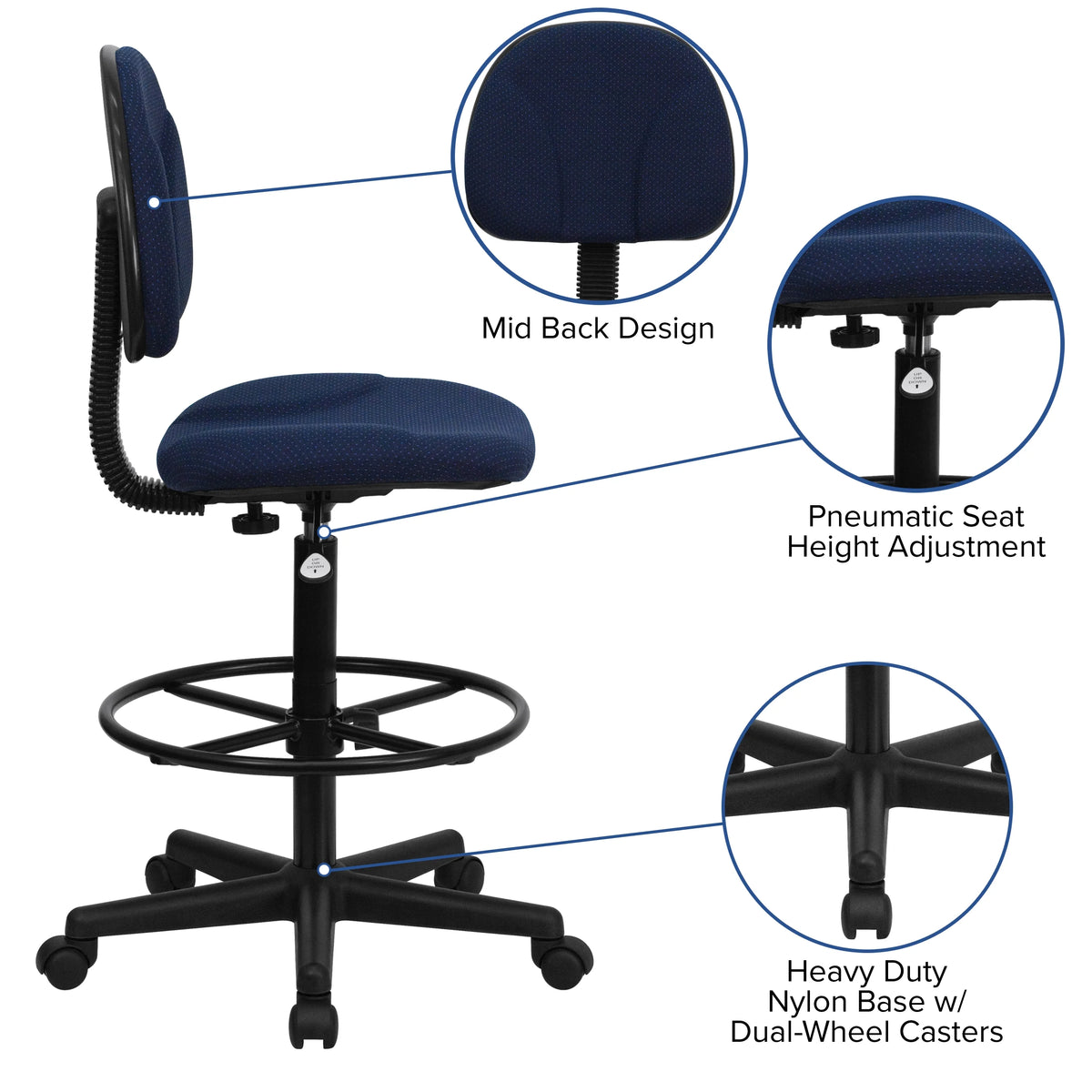 Emma  Oliver Black Fabric Drafting Chair (Cylinders: 22.5"-27"H, 26"-30.5"H)