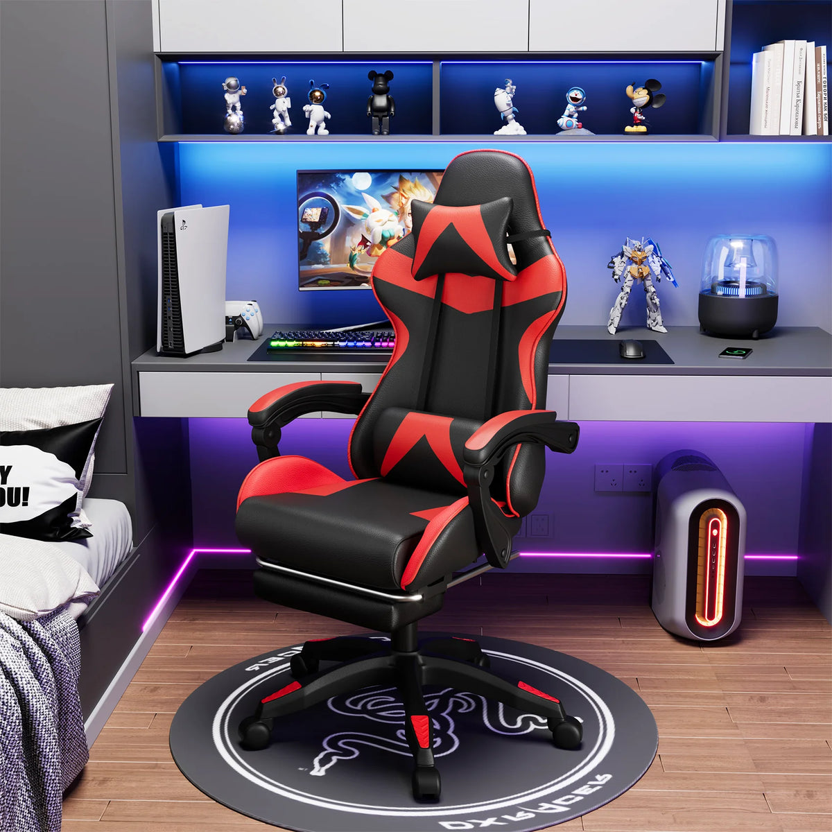 Mr IRONSTONE Office Gaming Chair with Footrest & Lumbar Support, Ergonomic Adjustable Computer Chair with Swivel Seat & Headrest, Blue