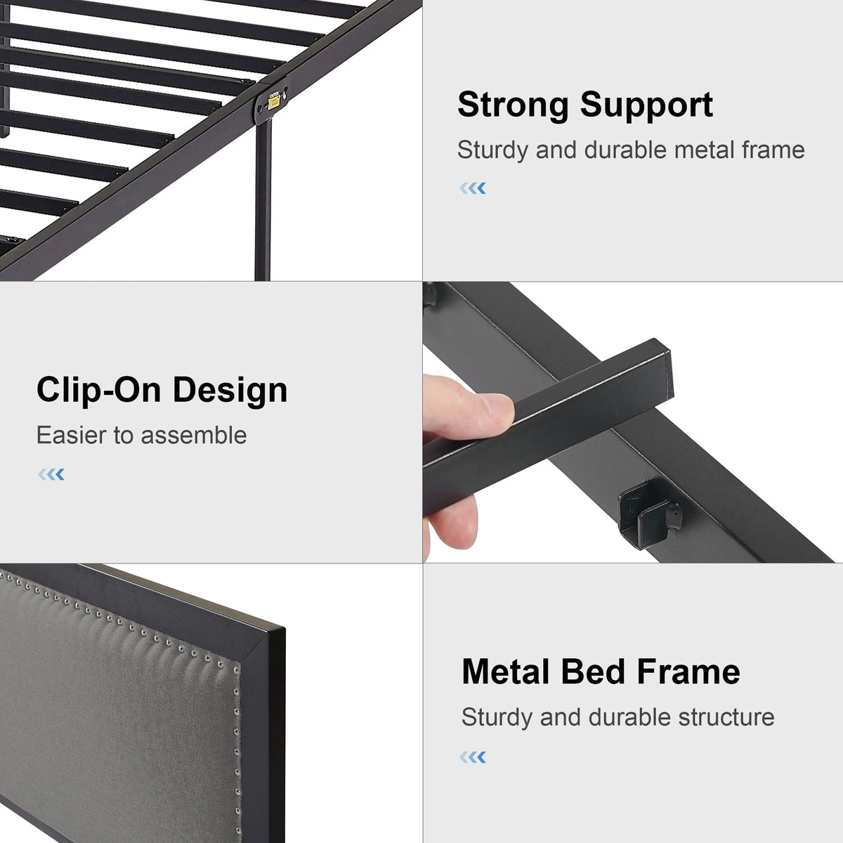 VECELO Queen Size Bed Frame Metal Platform Bed with Upholstered Headboard, No Box Spring Needed, Black