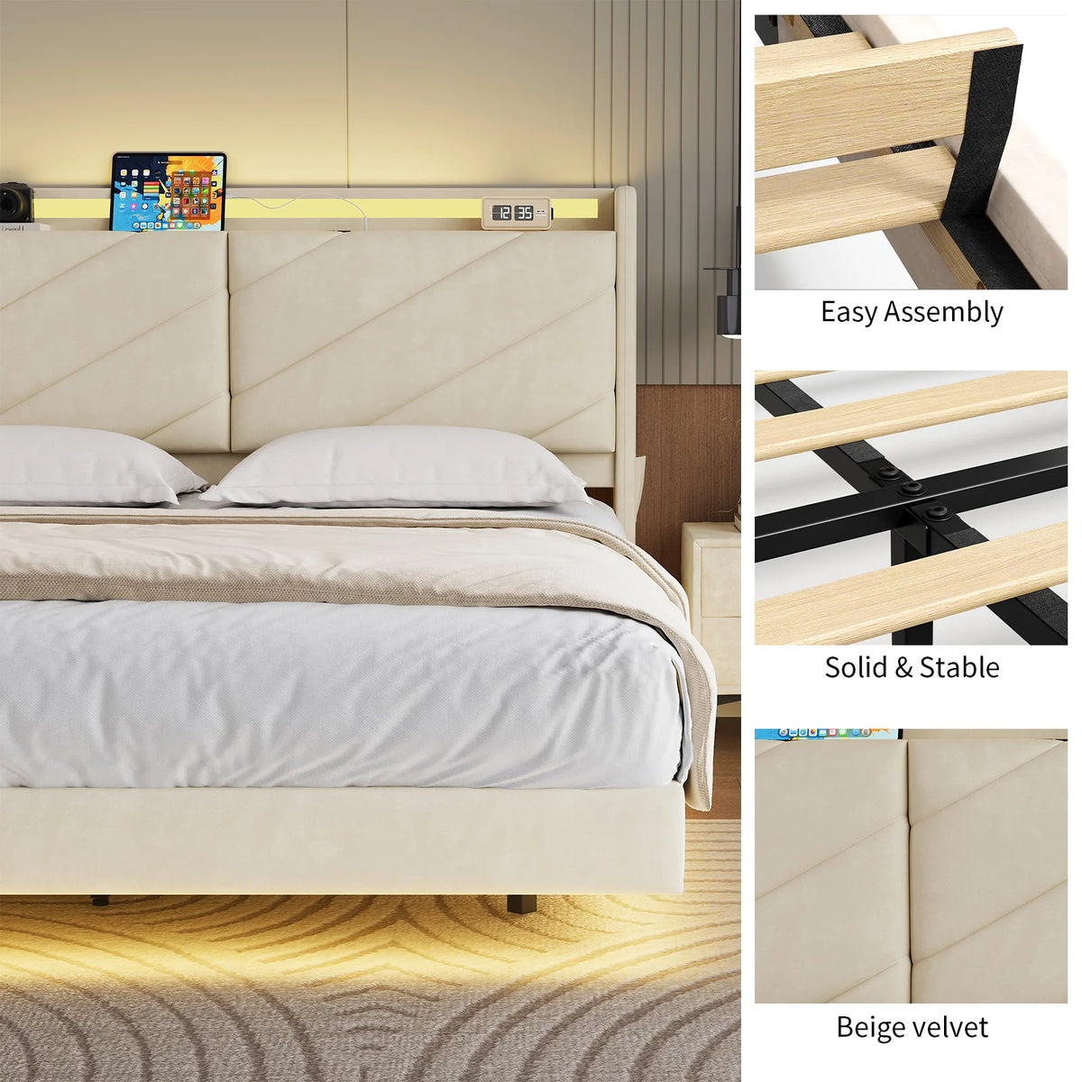 Cocosity Floating LED Upholstered Platform Queen Size Bed Frame with Ergonomic & Adjustable Storage Headboard, White