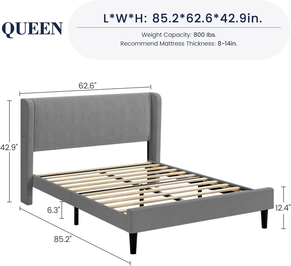 Full Size Bed Frame with Wingback Headboard,Luxurious Velvet Upholstered Platform Bed Frame with Wooden Slat Support,No Box Spring Required,Easy Assembly,Dark Gray