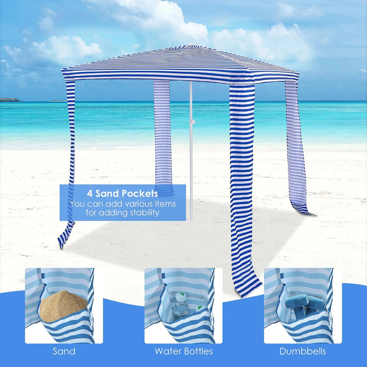Costway 6.6' x 6.6' Foldable Beach Cabana Easy-Setup Beach Canopy W/ Carry Bag Blue