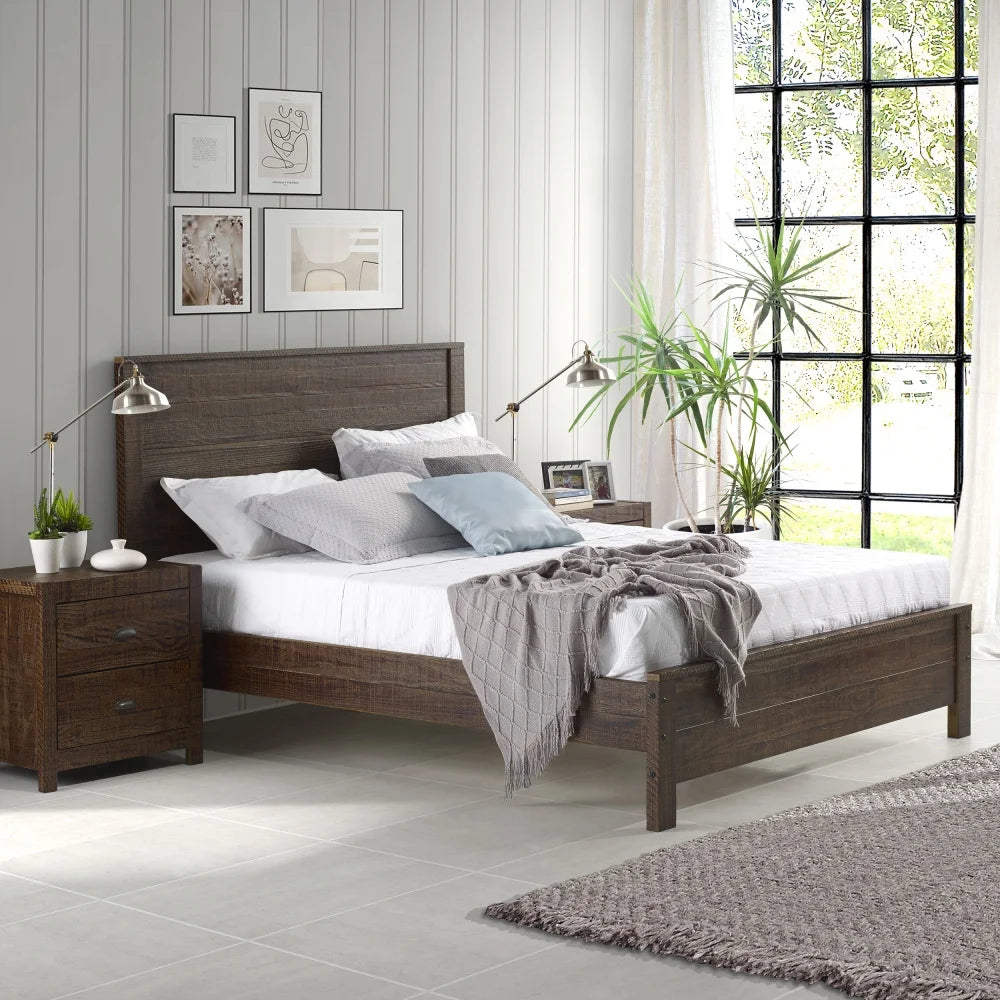 Albany Solid Wood Full Bed Frame with Headboard, Heavy Duty Modern Rustic Full Size Bed Frames, Box Spring Needed