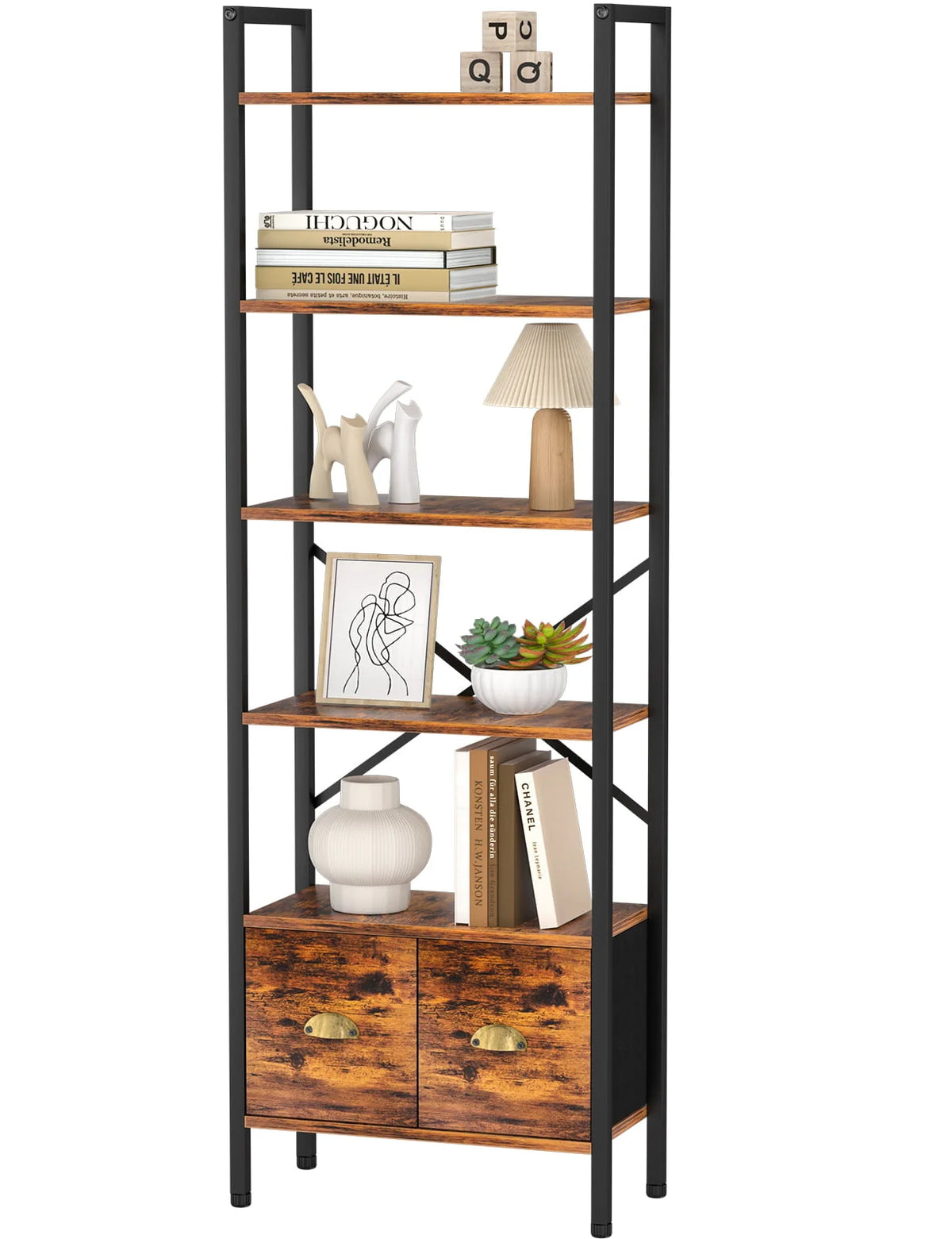 BEHOST 6 Shelf Bookcase, 70in Tall Bookshelf with 2 Drawers, set of 1, Rustic Brown