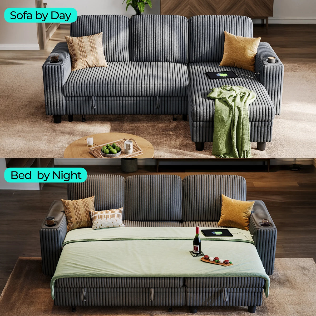 Linsy Home Plush Corduroy Sleeper Sofa Bed with Reversible Storage Chaise, Pull Out Couch Bed with USB, Cup Holder, Side Pocket, L Shaped Sectional Couches for Living Room, Apartment, Dark Grey