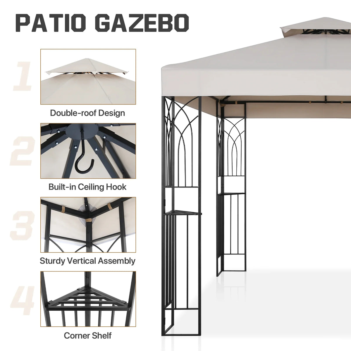 COOS BAY 8x8 Outdoor Patio Gazebo with Corner Shelves, Two-Tier Soft Top Canopy for Backyard, Lawn, Deck and Garden, Gray