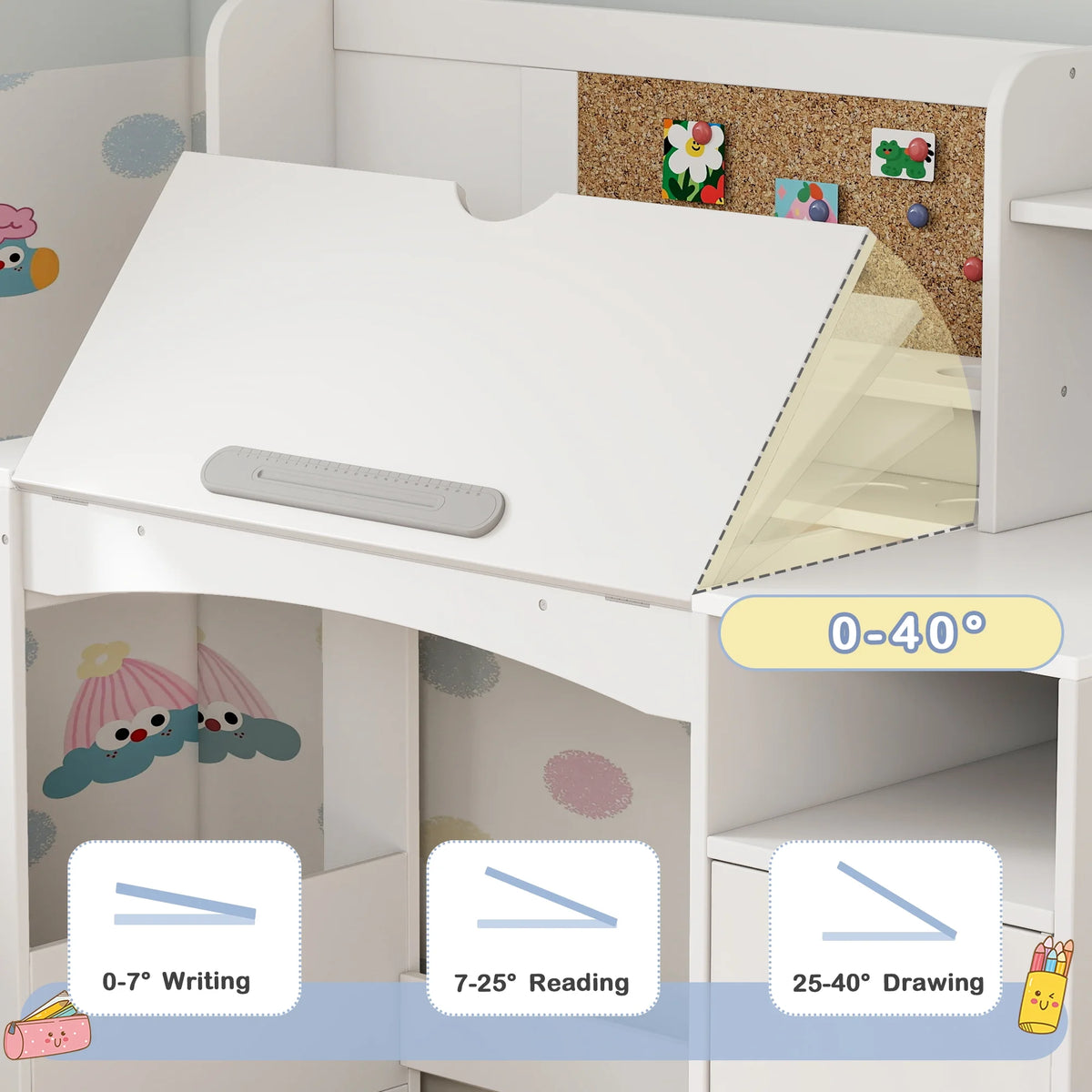 Reasea Kids Study Desk and Chair Set with Tiltable Desktop, Hutch & Storage - Wooden Writing Table for Ages 5-12,White