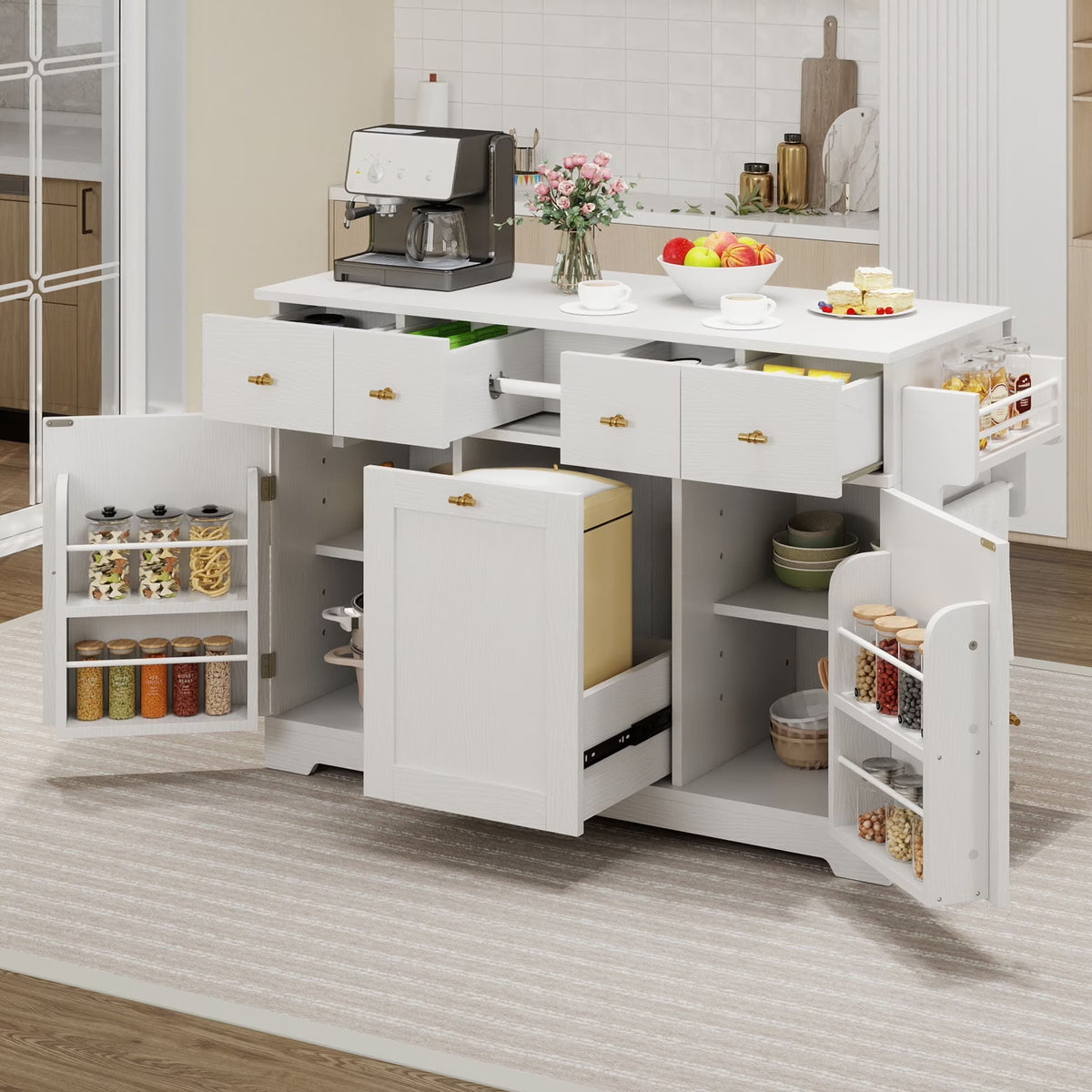 Craftian Kitchen Island with Drop Leaf & Power Outlets, Kitchen Cart with Trash Storage, White