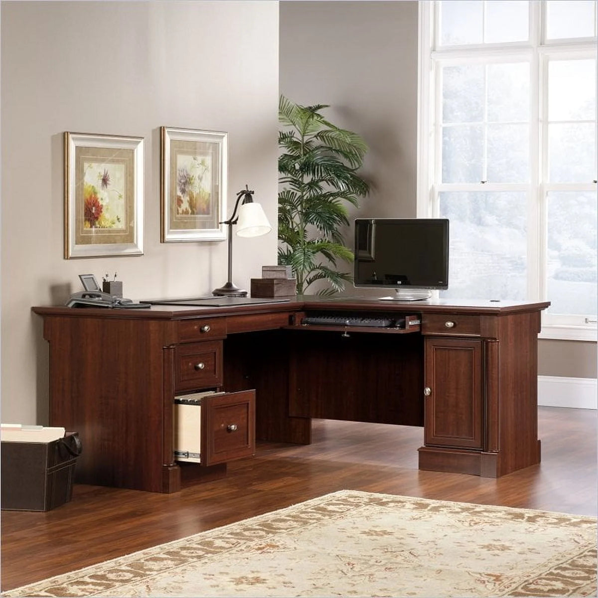 Sauder Palladia L-Shaped Desk, Select Cherry Finish