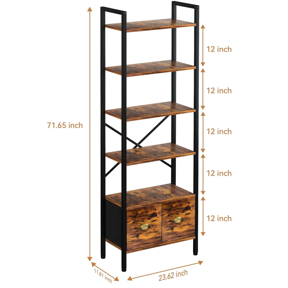 BEHOST 6 Shelf Bookcase, 70in Tall Bookshelf with 2 Drawers, set of 1, Rustic Brown