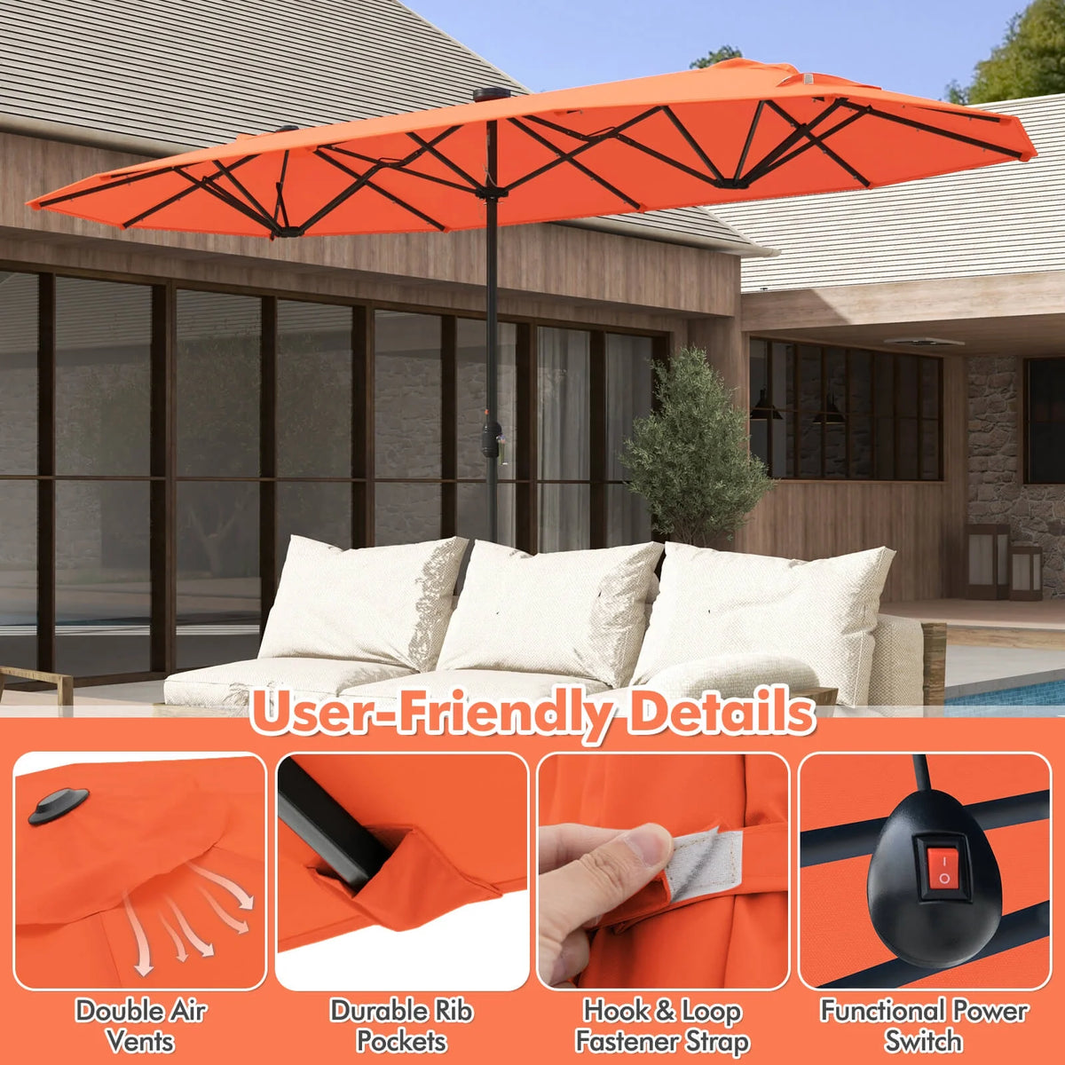 Costway 13ft Beige Rectangle Double-sided Patio Umbrella, Crank Lift