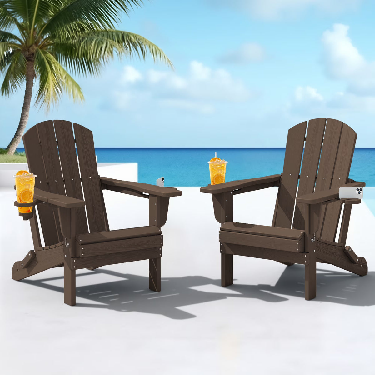 SERWALL Folding Adirondack Chair Set with Dual Cup Holders & Phone Holder, All-Weather HDPE Fire Pit Chairs for Outdoor, Patio, Poolside, Garden - Black