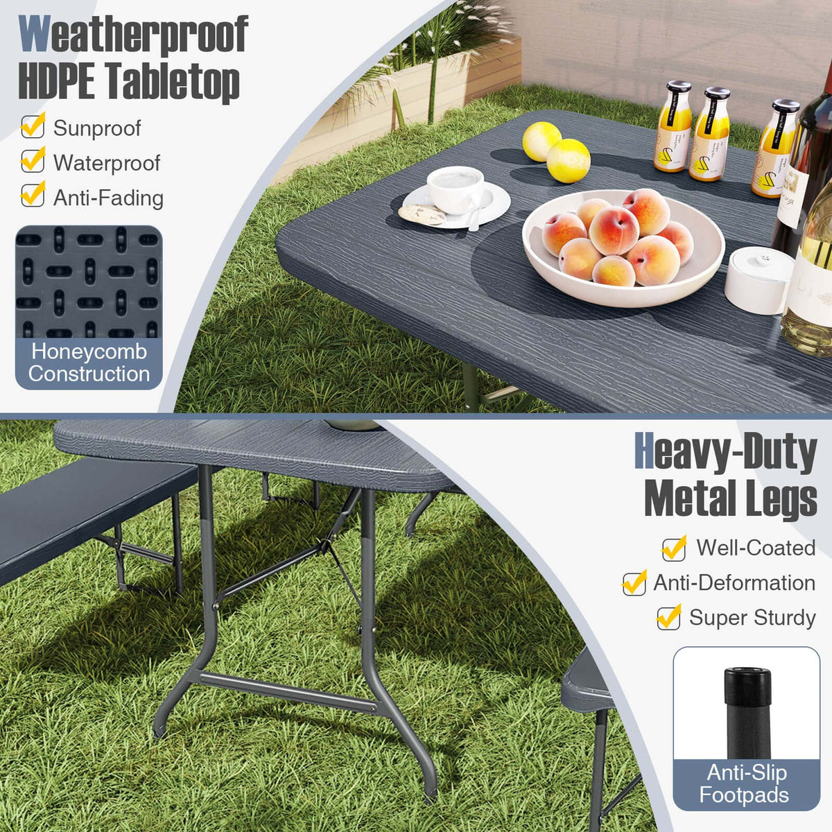 Costway 6 ft Portable Folding Table with Wood Grain HDPE Tabletop Safe Lock Mechanism Gray