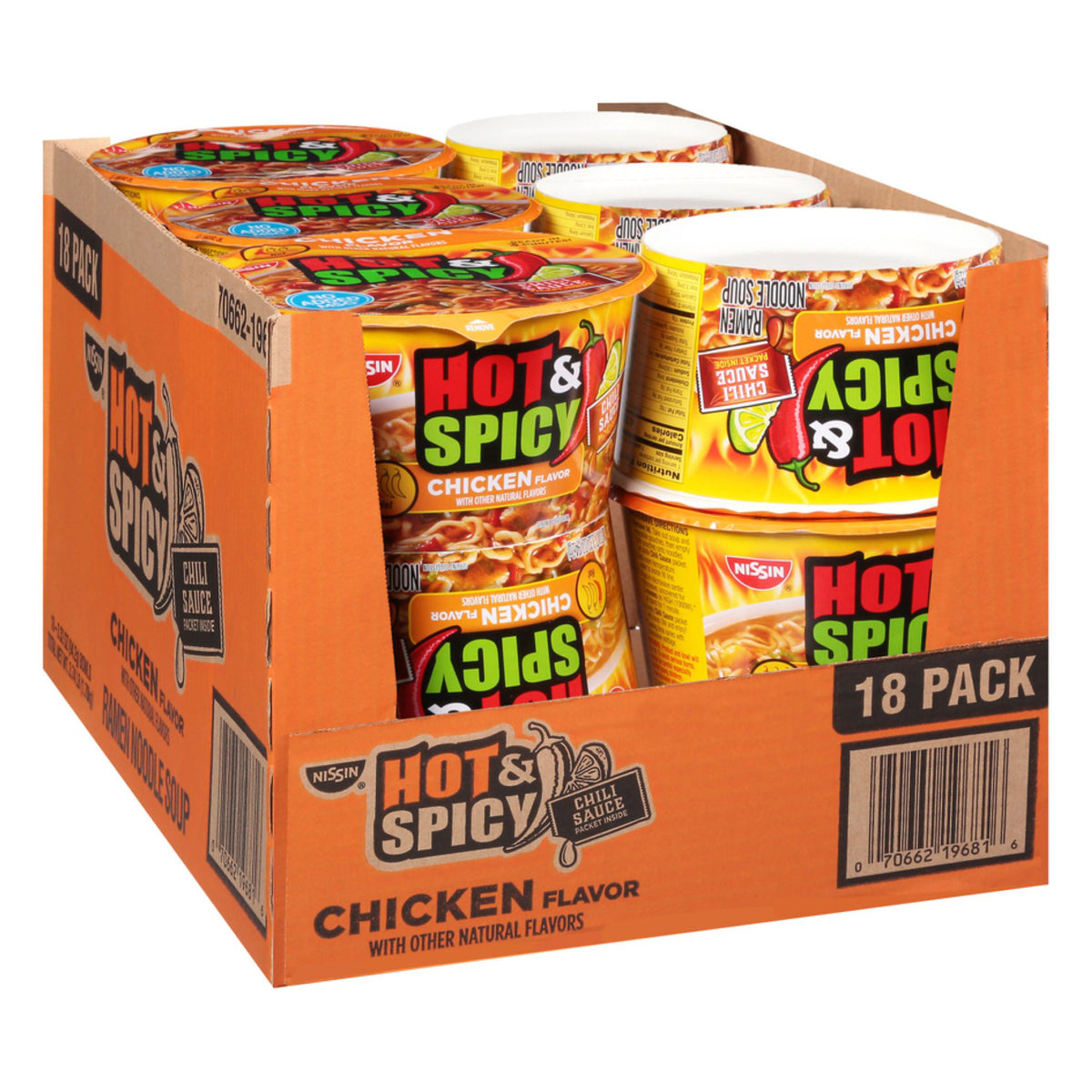 Nissin, Hot & Spicy Noodle Bowl, Chicken, 3.32 oz, 18-Count