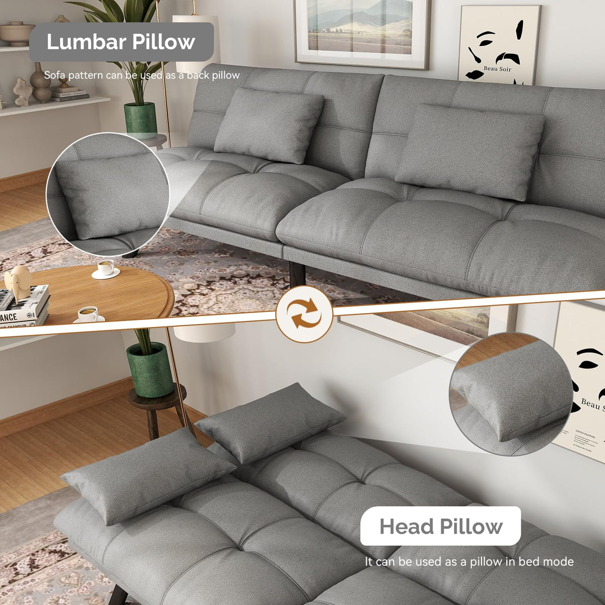 70���� Convertible Futon Sofa Bed Folding Bed Sleeper Couch for Living Room, Small Space or Office, Light Grey