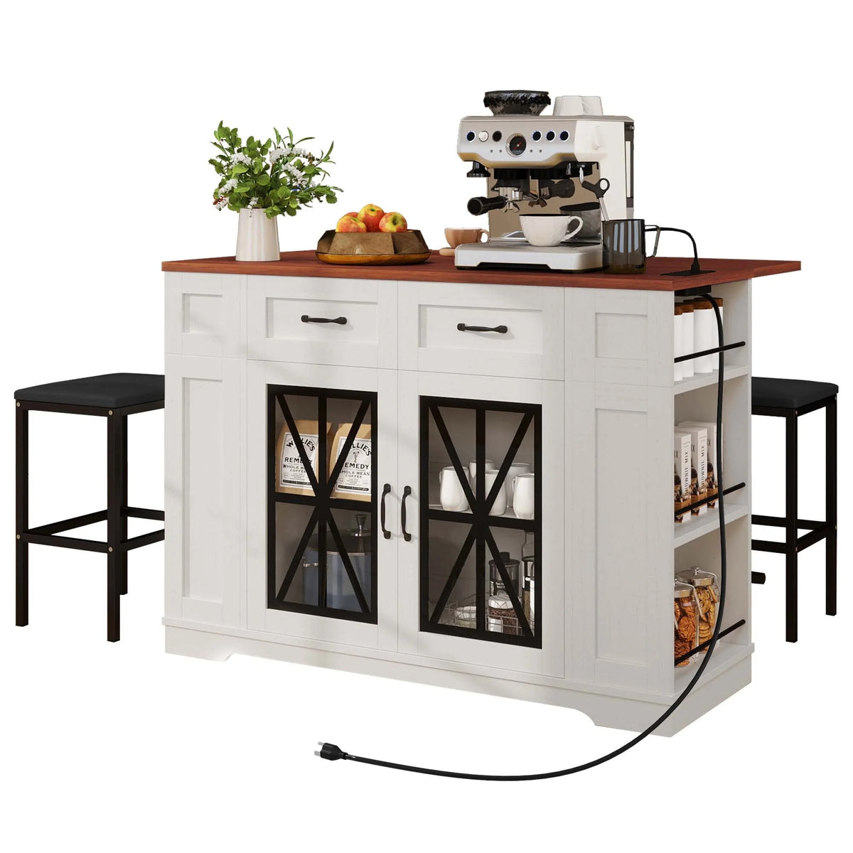 DEXTRUS Kitchen Island with Seating & Drop Leaf, Kitchen Island on Wheels with Doors & Drawers, White
